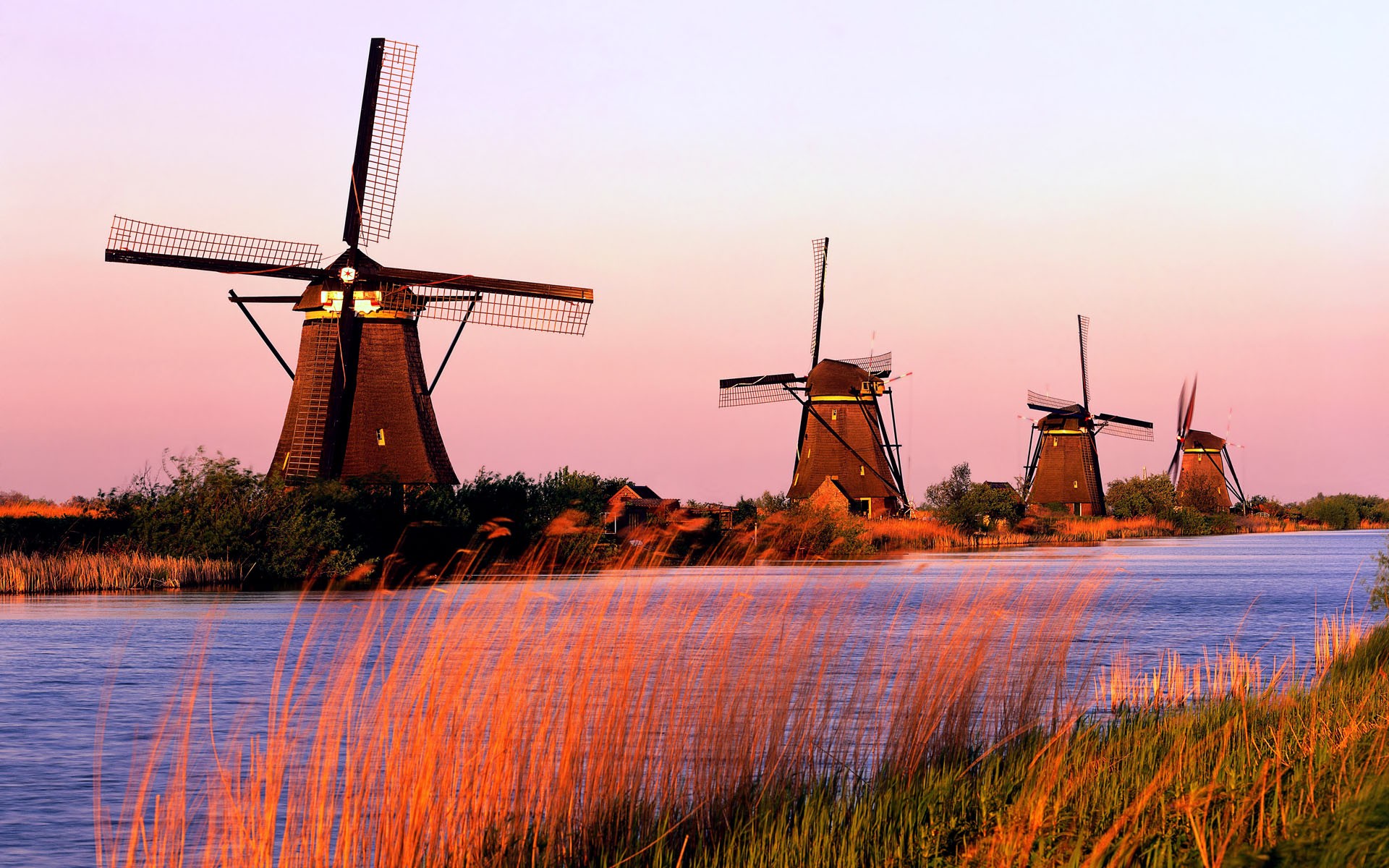 River Windmill Building Nature Landscape Sunset Clear Sky Sky Without People 1920x1200