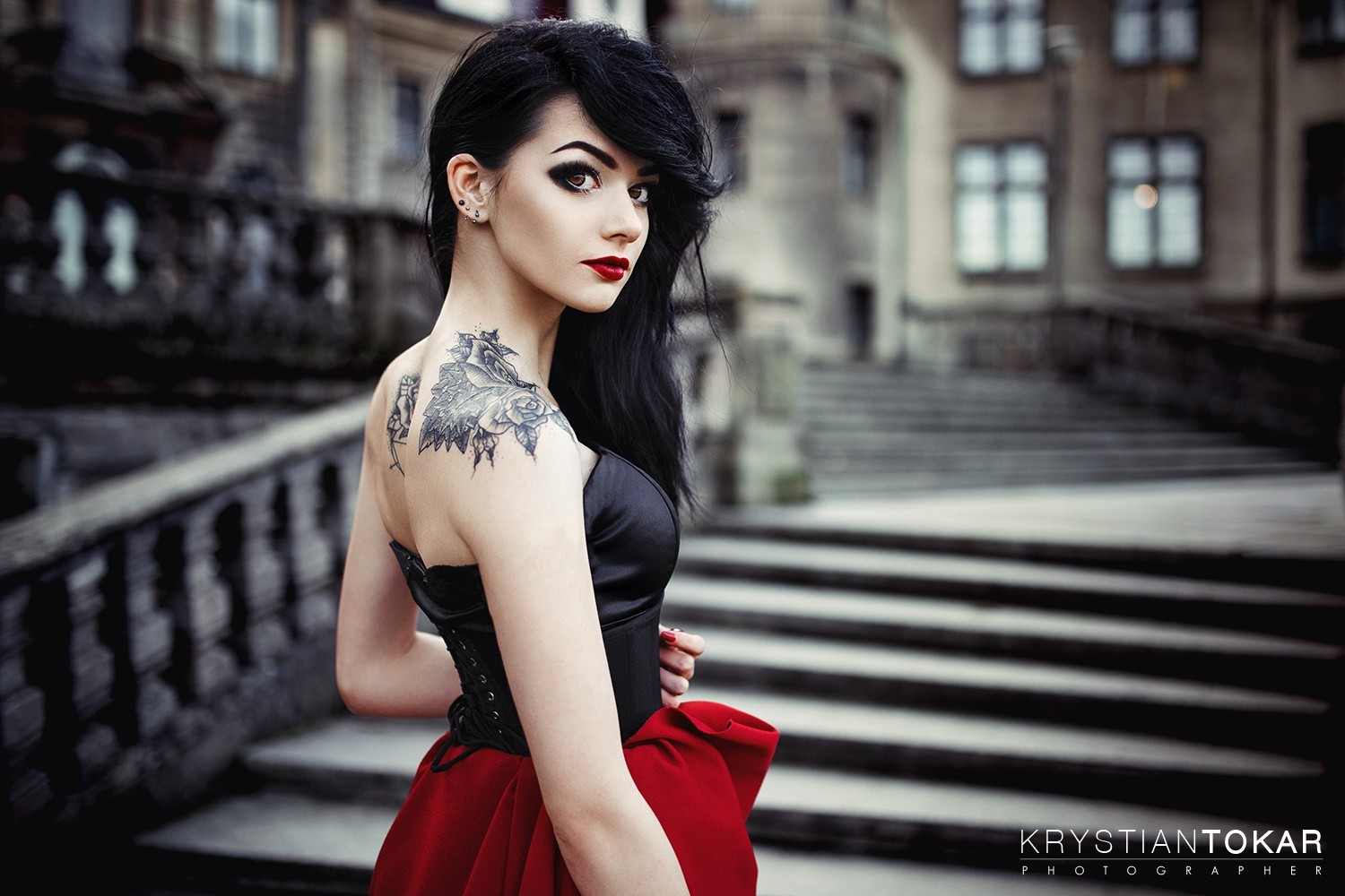 Krystian Tokar Women Model Long Hair Black Hair Wavy Hair Dress Tattoo Makeup Back Sygin 1500x1000