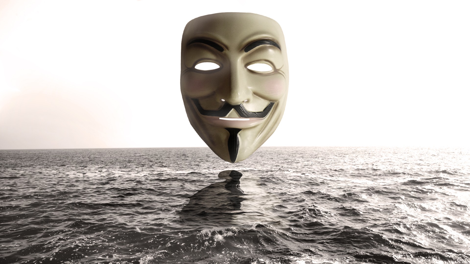 Anonymous Artwork Digital Art Sea Mask Guy Fawkes Mask White Horizon Mist Waves Reflection 1920x1080