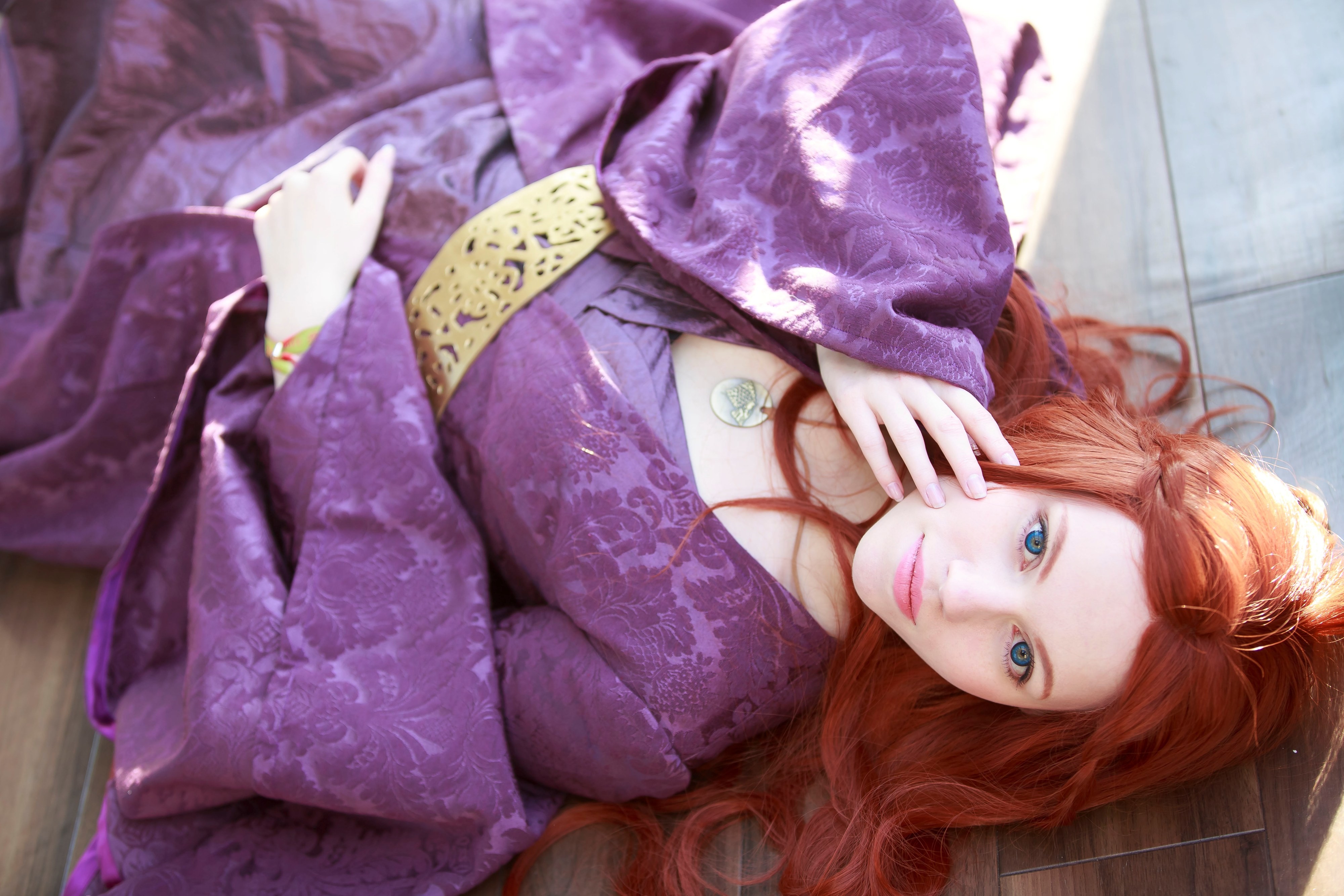 Women Redhead Blue Eyes Dress Cosplay Sansa Stark Lying Down House Stark Game Of Thrones Top View 4000x2667