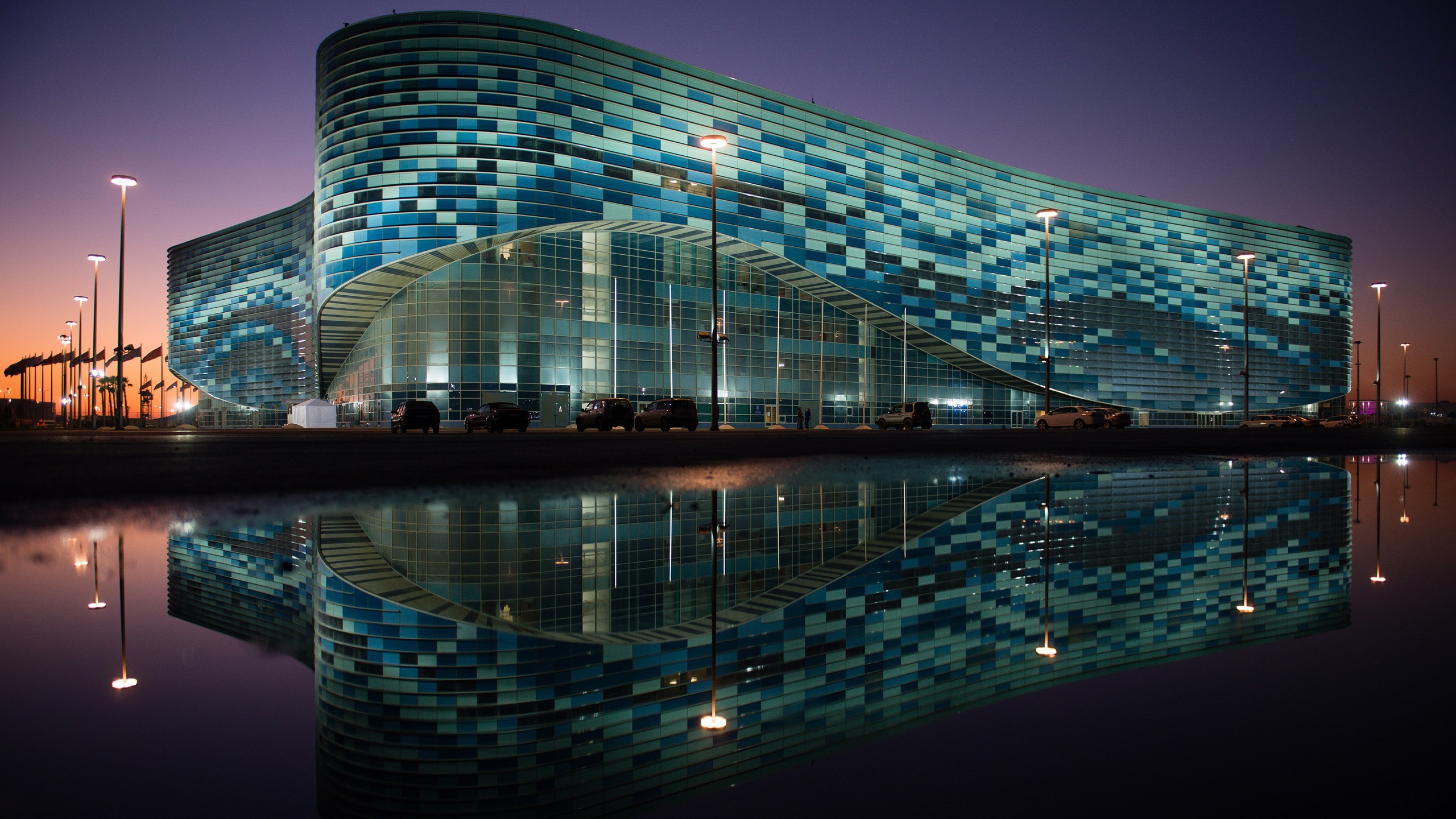 Architecture Building Modern Russia Sochi Olympic Games Glass Night Lights Water Car Reflection Stre 2560x1440