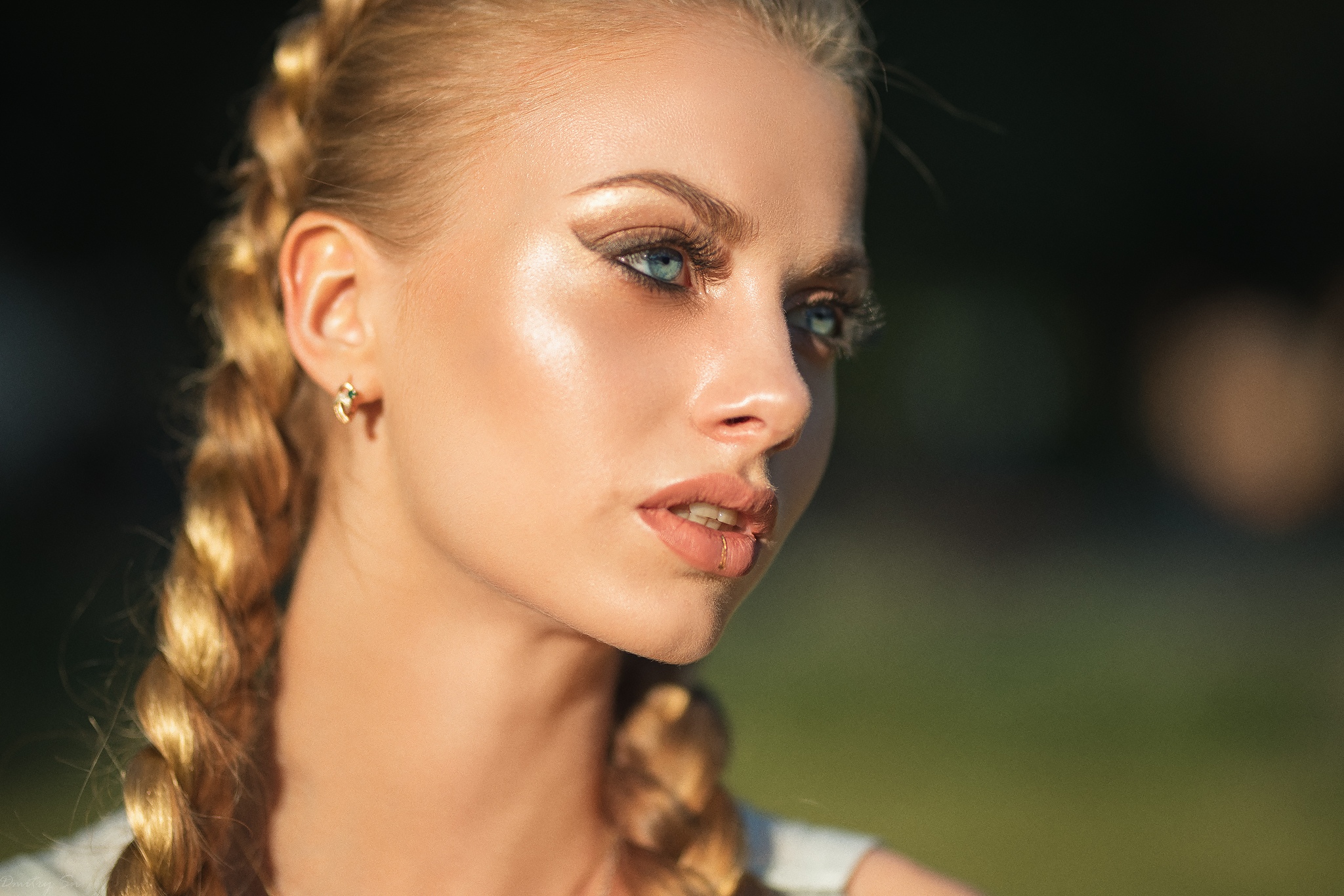 Face Dmitry Shulgin Model Women Blue Eyes Braids Blonde Depth Of Field Karina Tikhonovskaya Karina D 2048x1365