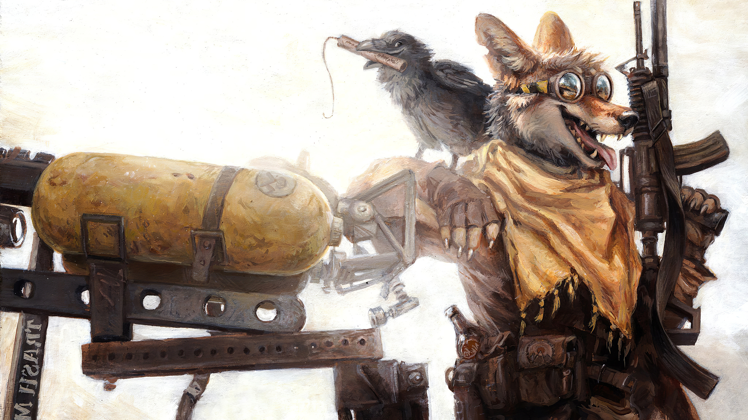 Crow Goggles Furry Gun Raven Wasteland Coyote Apocalyptic Dynamite Anthro Artwork 2560x1440