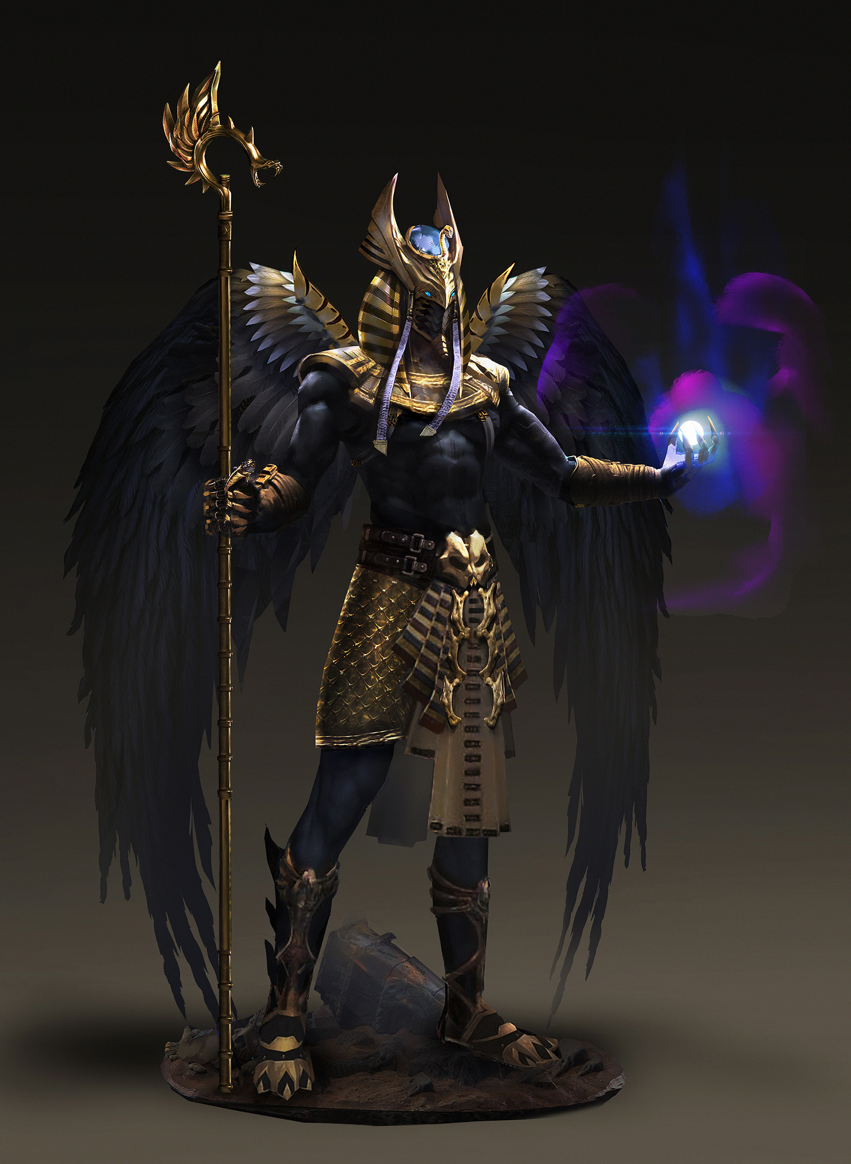 Drawing Egyptian Mythology Gods Horus Deity Armor Gold Wings Staff Spell Helmet Gems 1686x2306