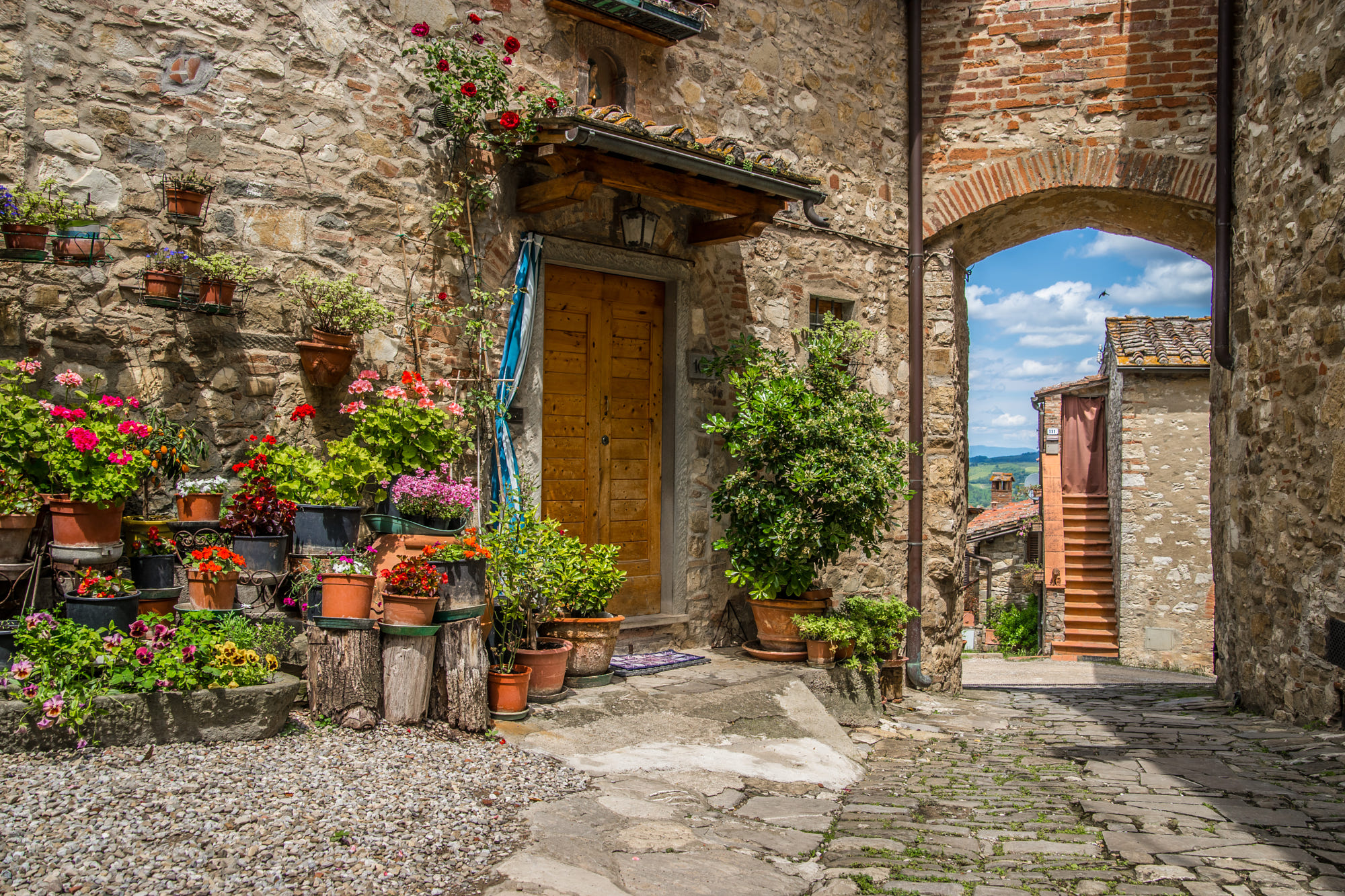 Tuscany Stone House Plants Summer Flowers Wood Door Stones Daria Klepikova Italy 2000x1333