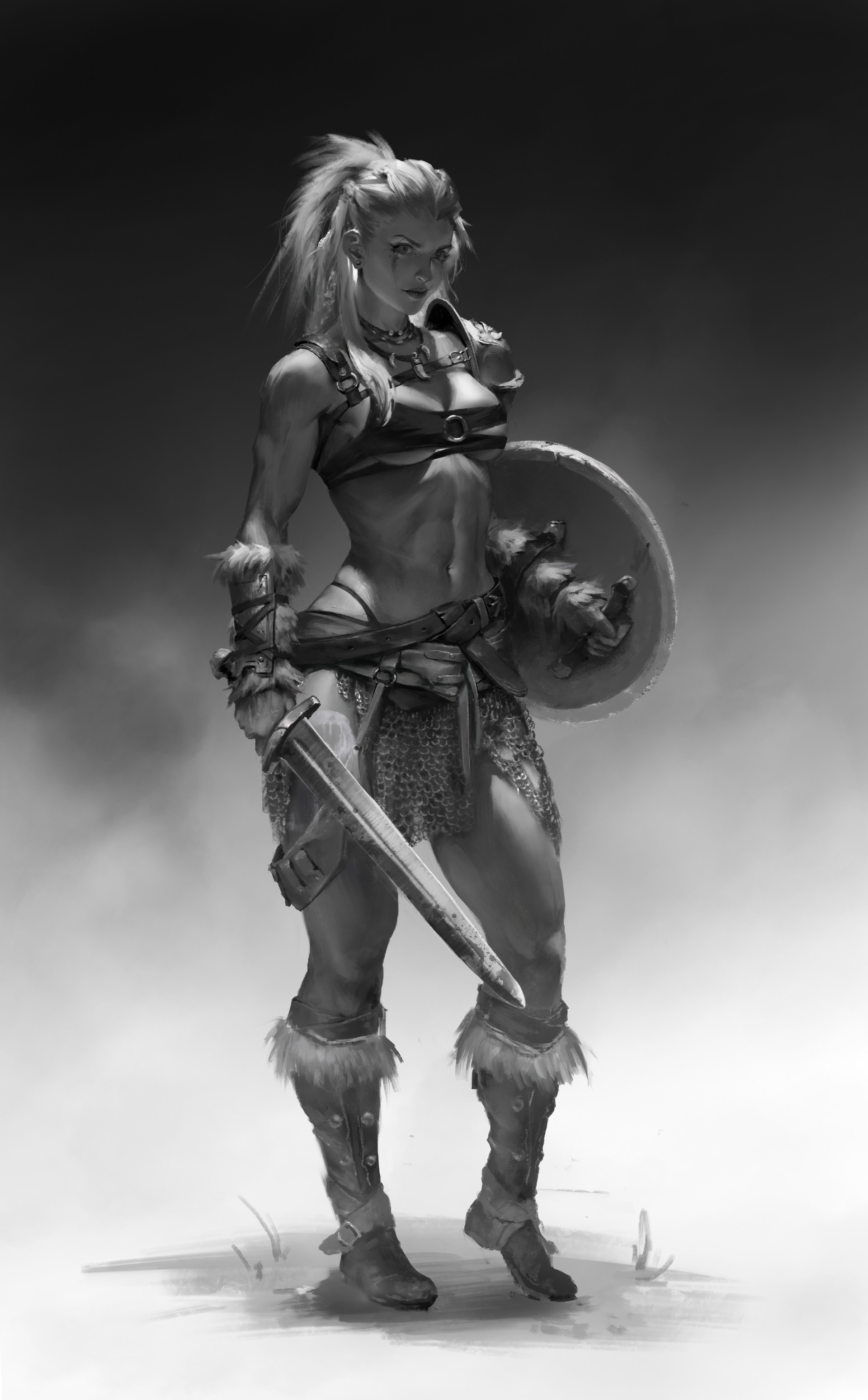 Ley Bowen Barbarian Drawing Artwork Monochrome Shield Fantasy Girl Fantasy Art Sword Warrior 1920x3096