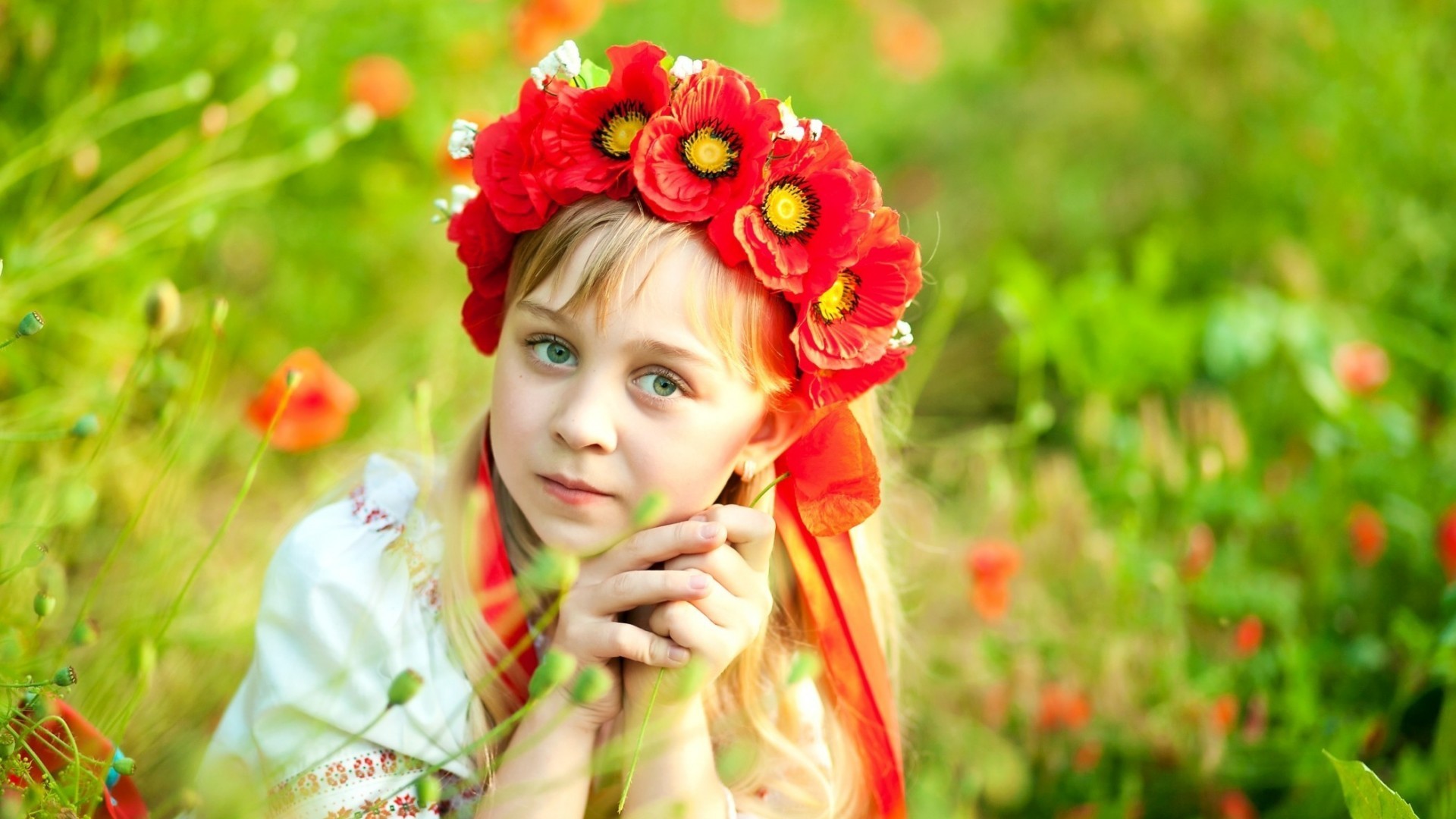 Children Flowers Wreaths Green Eyes Red Flowers Blonde Bangs 1920x1080