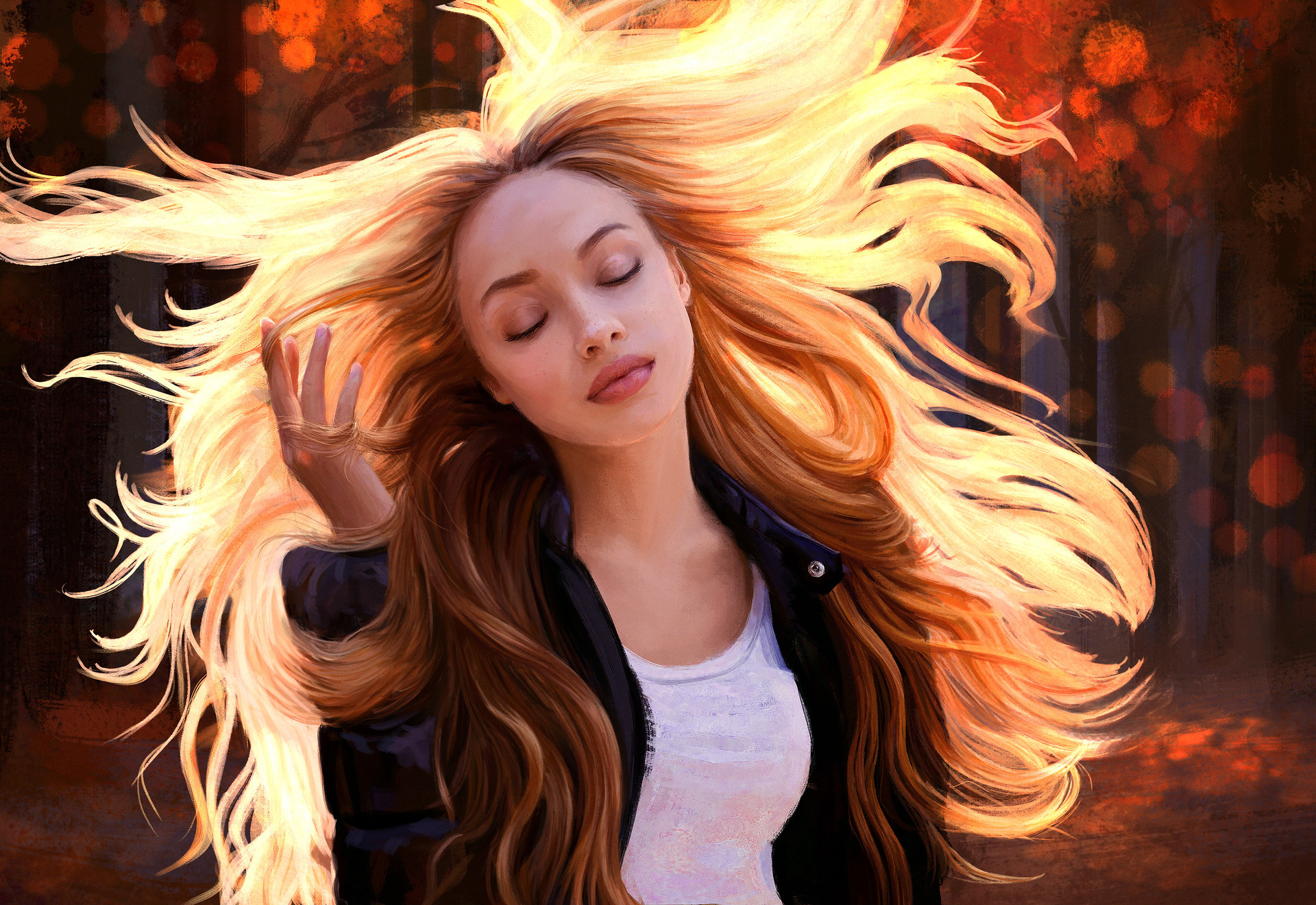 Mandy Jurgens Artwork Digital Art Realist Women Painting Blonde Jacket Closed Eyes Illustration 1920x1320