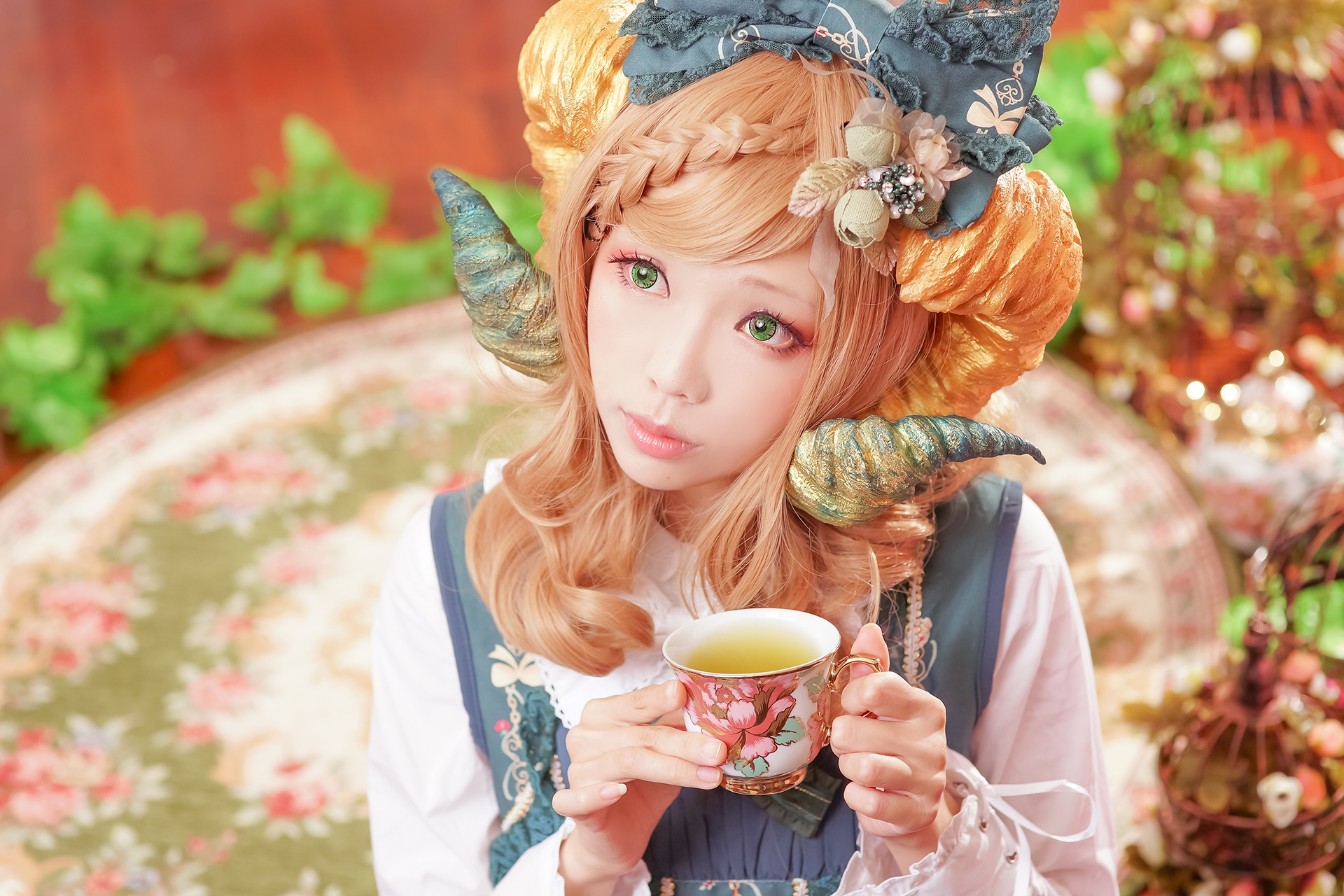 Cosplay Model Green Eyes Victorian Clothes Blonde Tea Party Headdress Horns Ely Cosplay Eeelyeee Wom 1920x1280