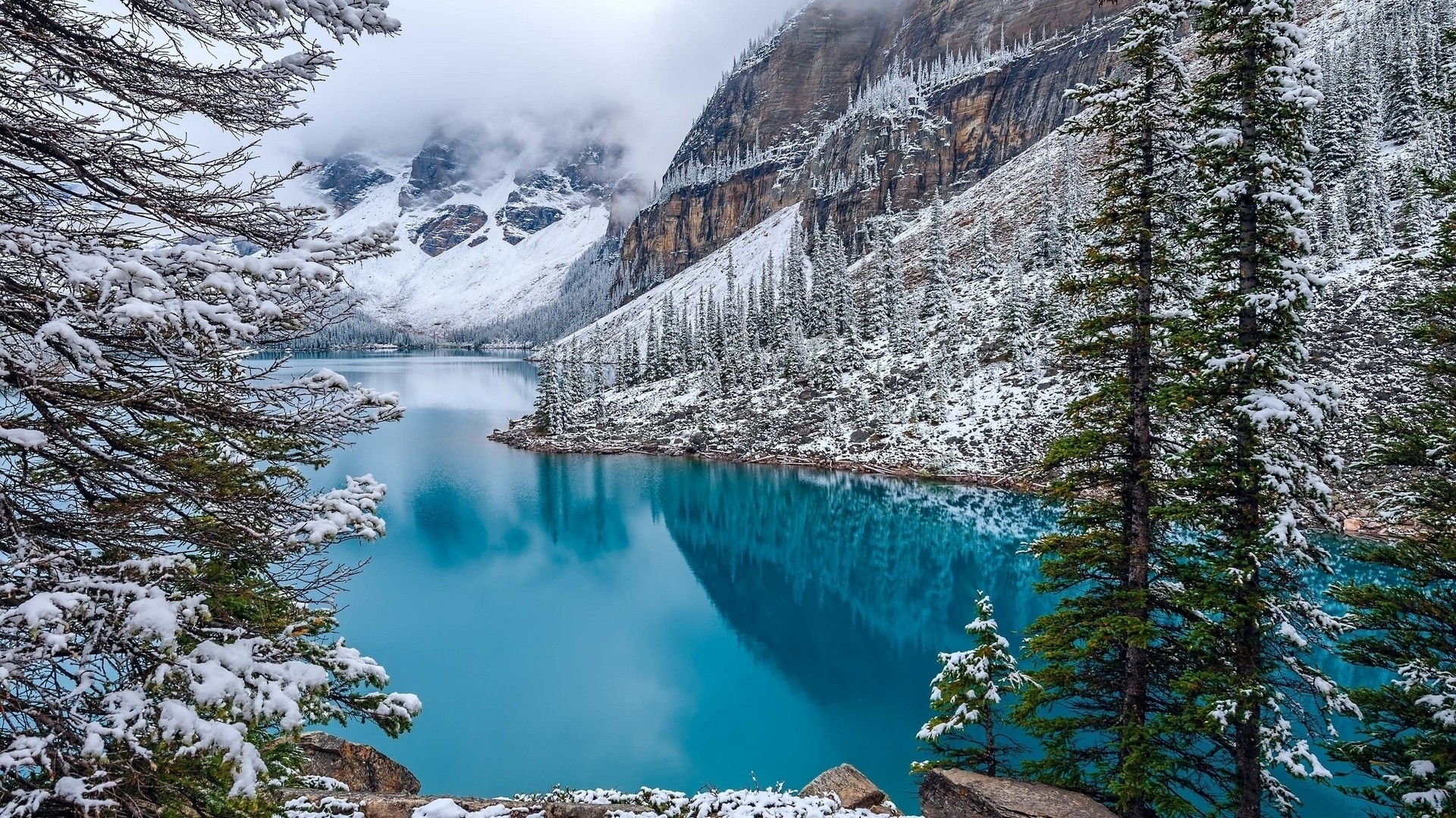 Nature Landscape Moraine Lake Canada Winter Turquoise Water Forest Mountains Snow Trees Clouds Cyan 1920x1080