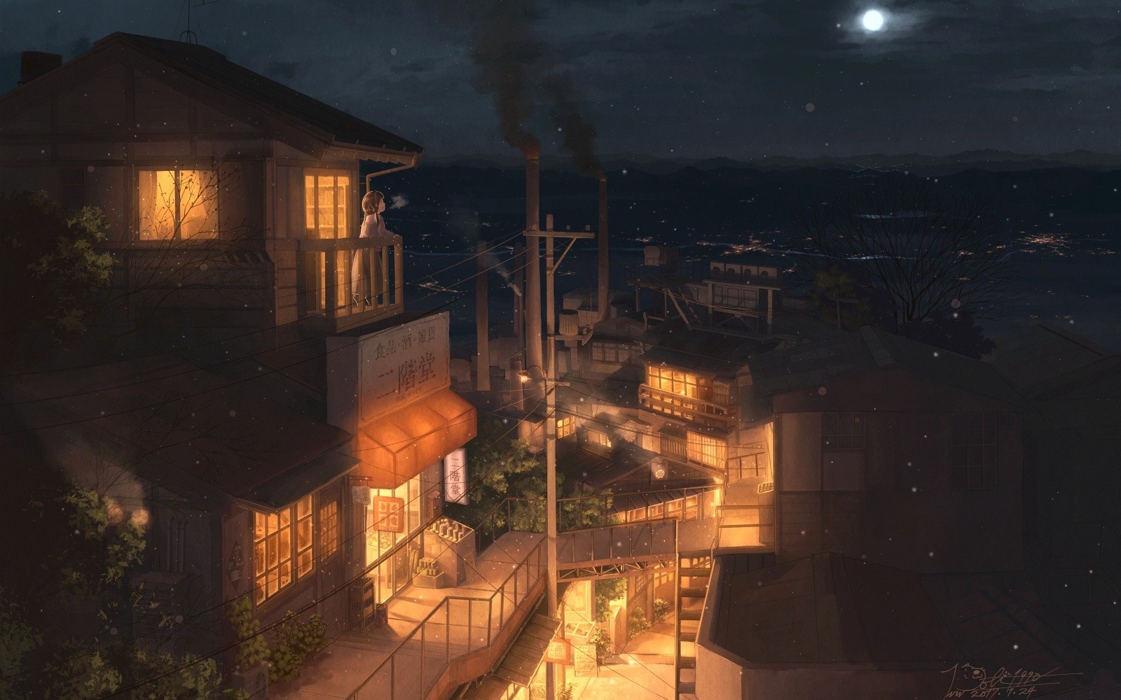 City Building Night Industrial City Moon Anime Anime Girls 1600x1000