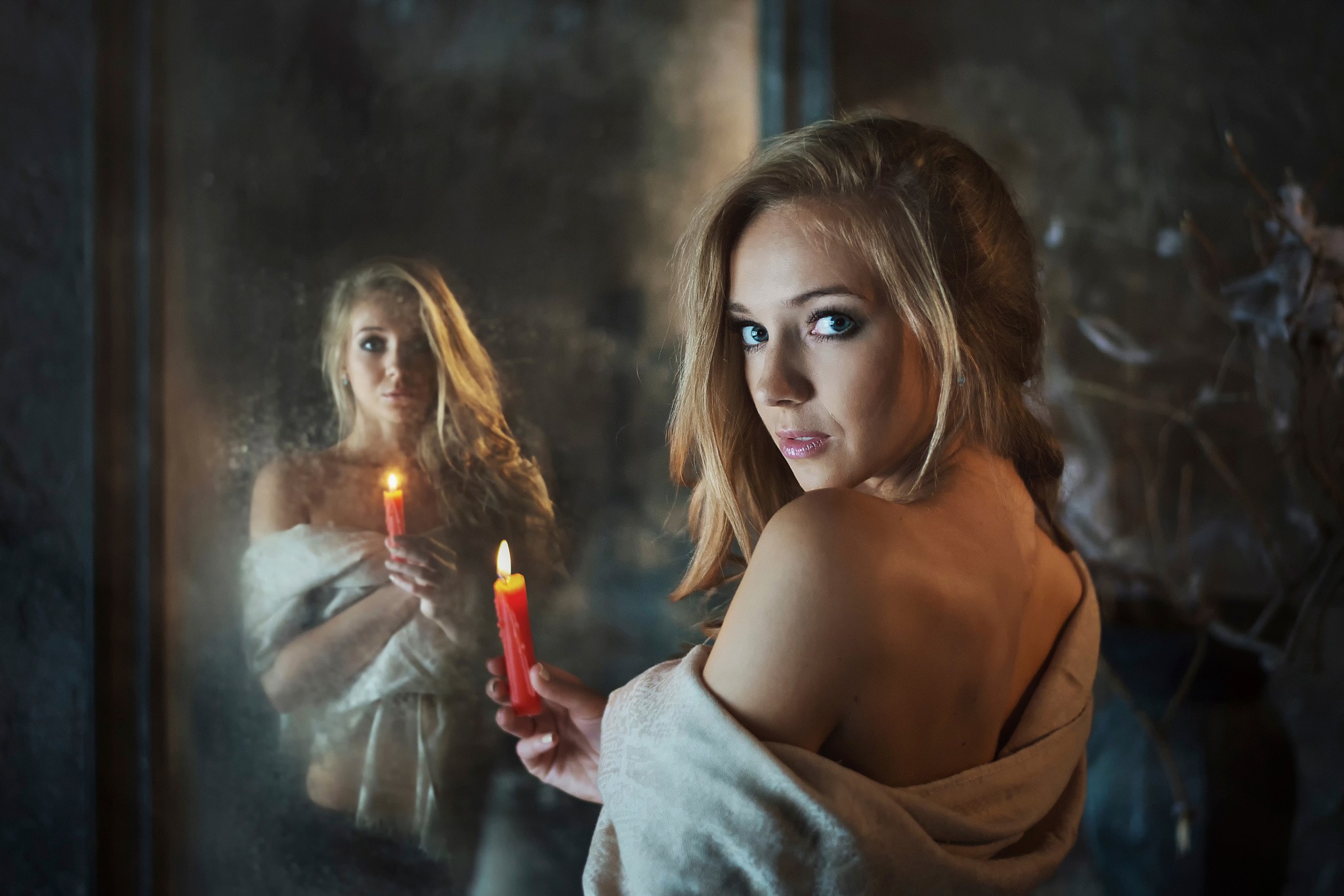 Women Model Blonde Long Hair Looking At Viewer Bare Shoulders Candles Mirror Blue Eyes Open Mouth Fa 2048x1366