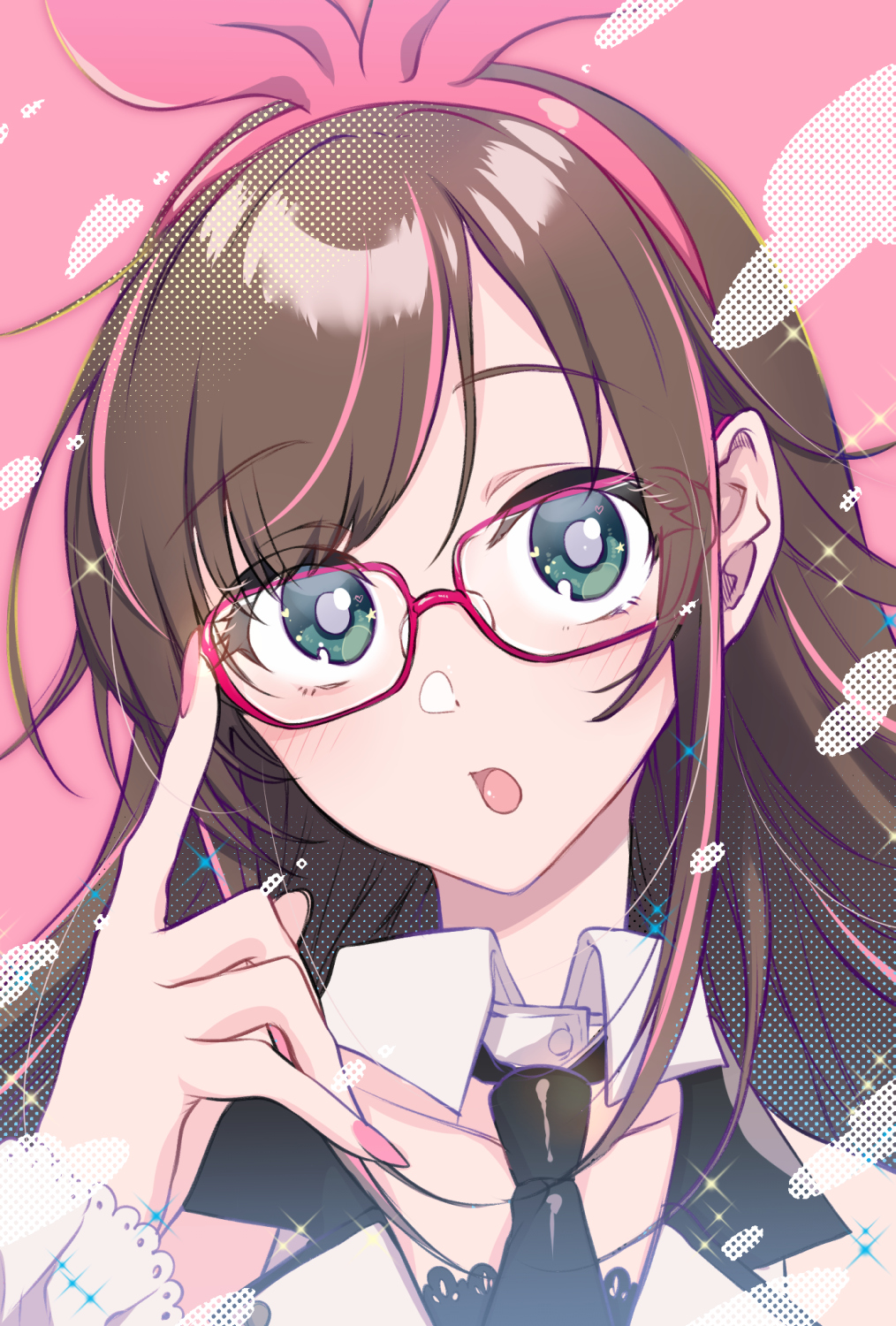 Anime Anime Girls Brunette Green Eyes Glasses Simple Background Pink Background Long Hair Kizuna Ai  1014x1500