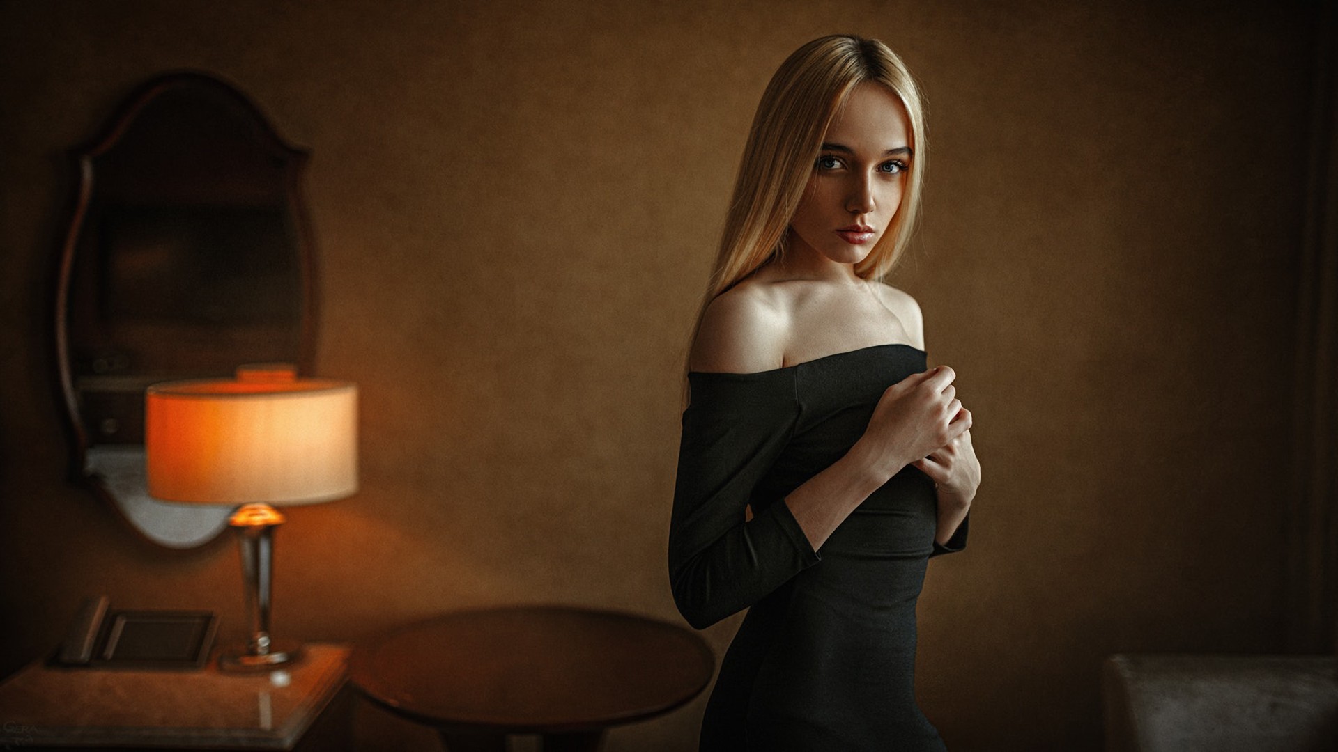 Women Blonde Portrait Lamp Black Dress Maria Popova Bare Shoulders 1920x1080