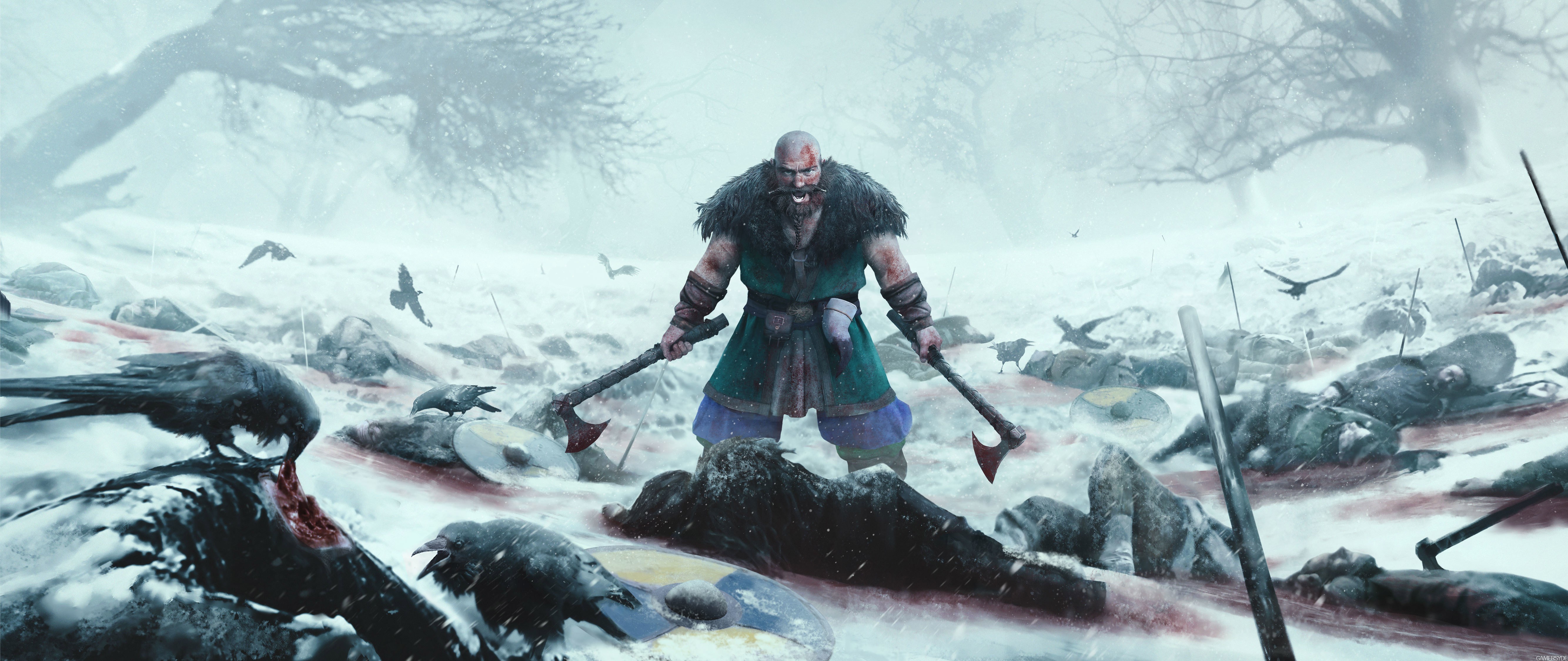 Viking Warrior Axe Winter Fog Battle 5334x2250