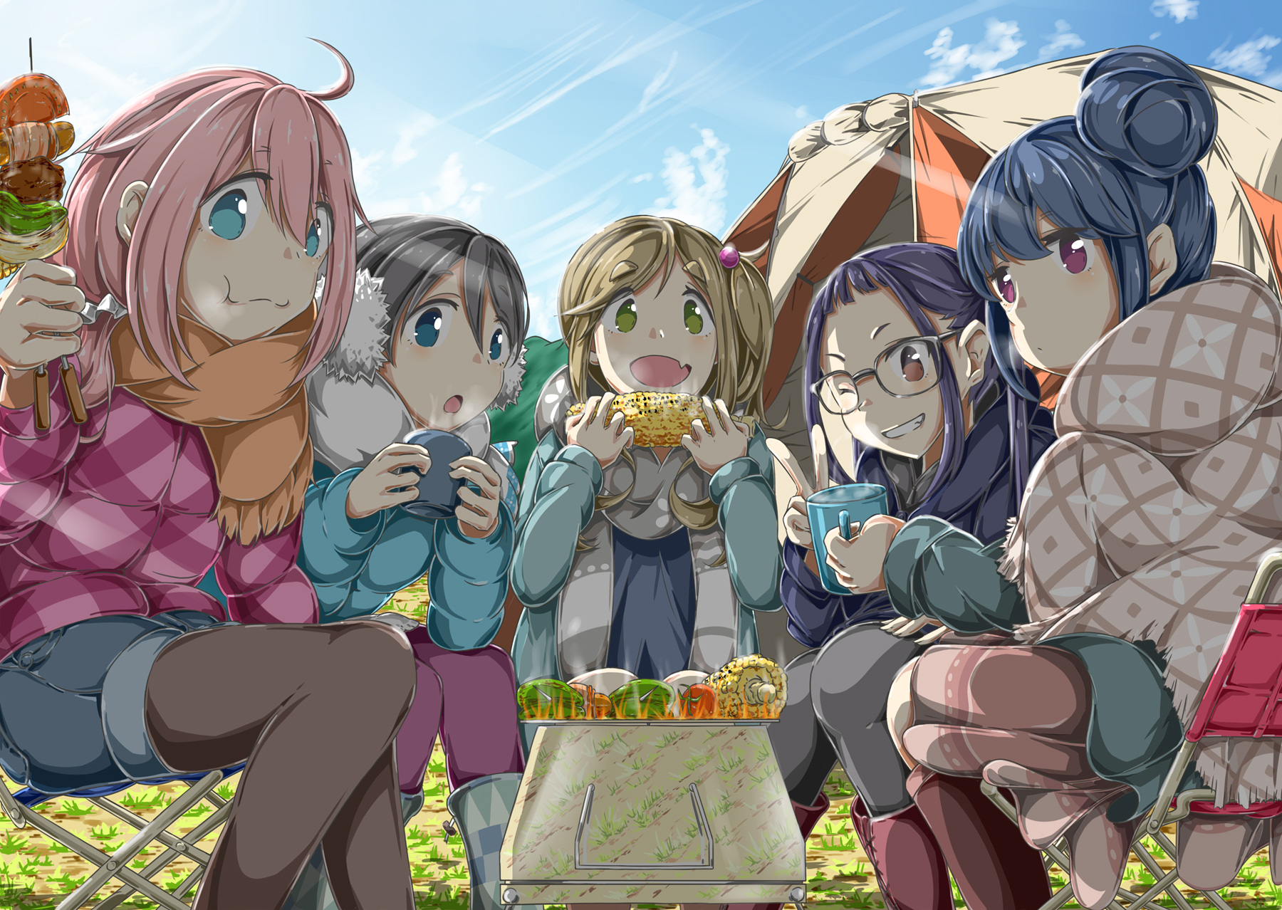 Yuru Camp Anime Anime Girls Eating Anime Girls Rin Shima Nadeshiko Kagamihara Chiaki Oogaki Aoi Inuy 1800x1278