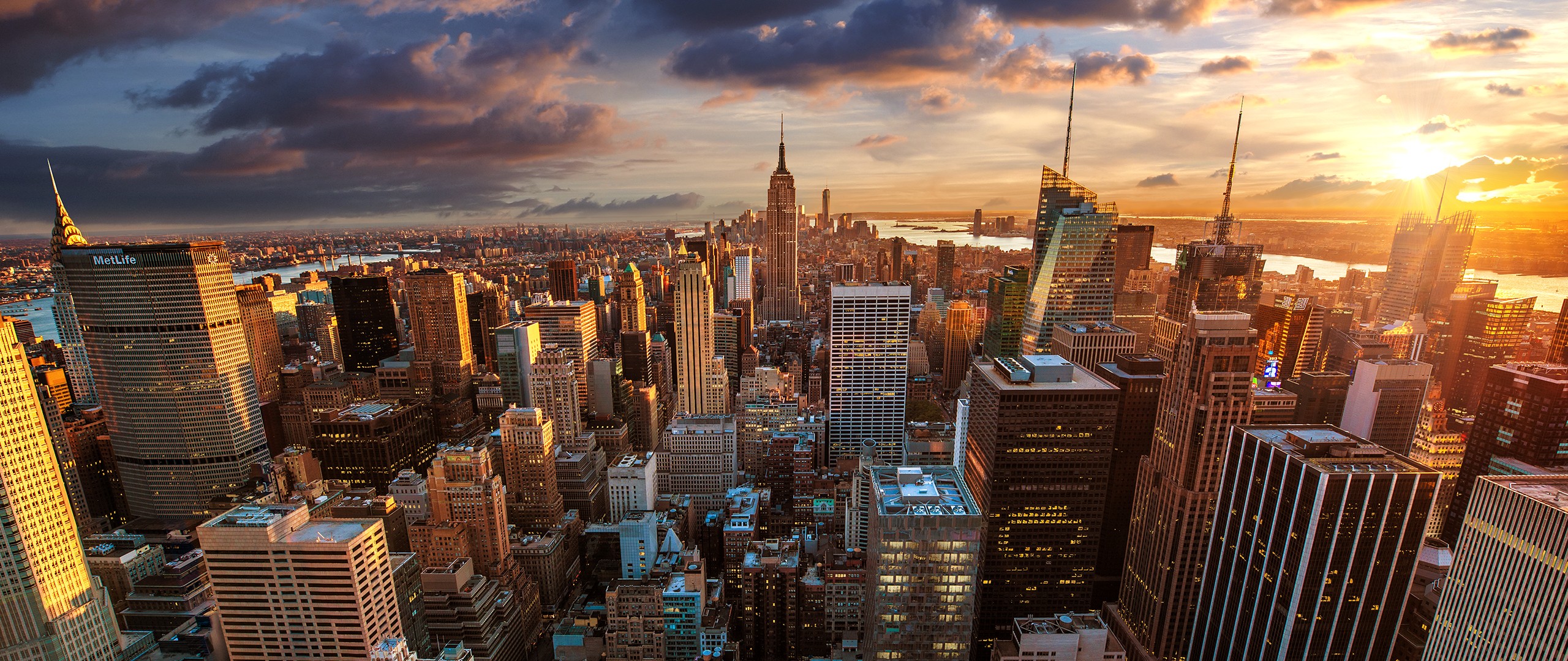 New York City Manhattan City Empire State Building City Lights Clouds Skyline Dominic Kamp 2560x1080