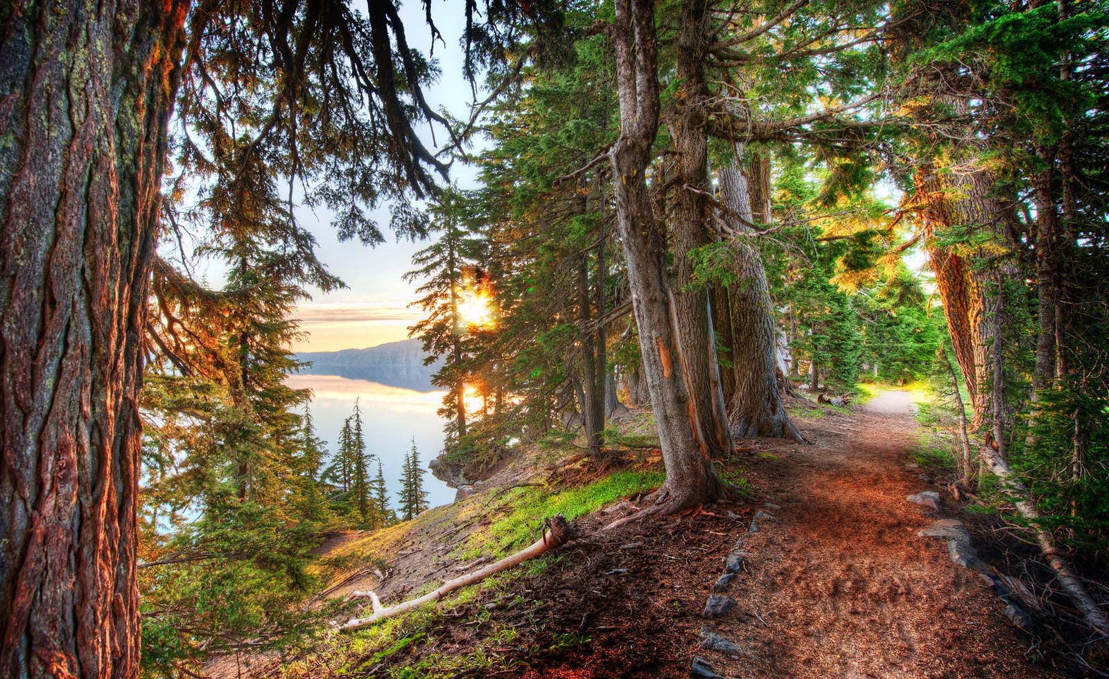 Forest Path Crater Lake Trees Lake HDR Sunset Hills Nature Landscape 1600x981