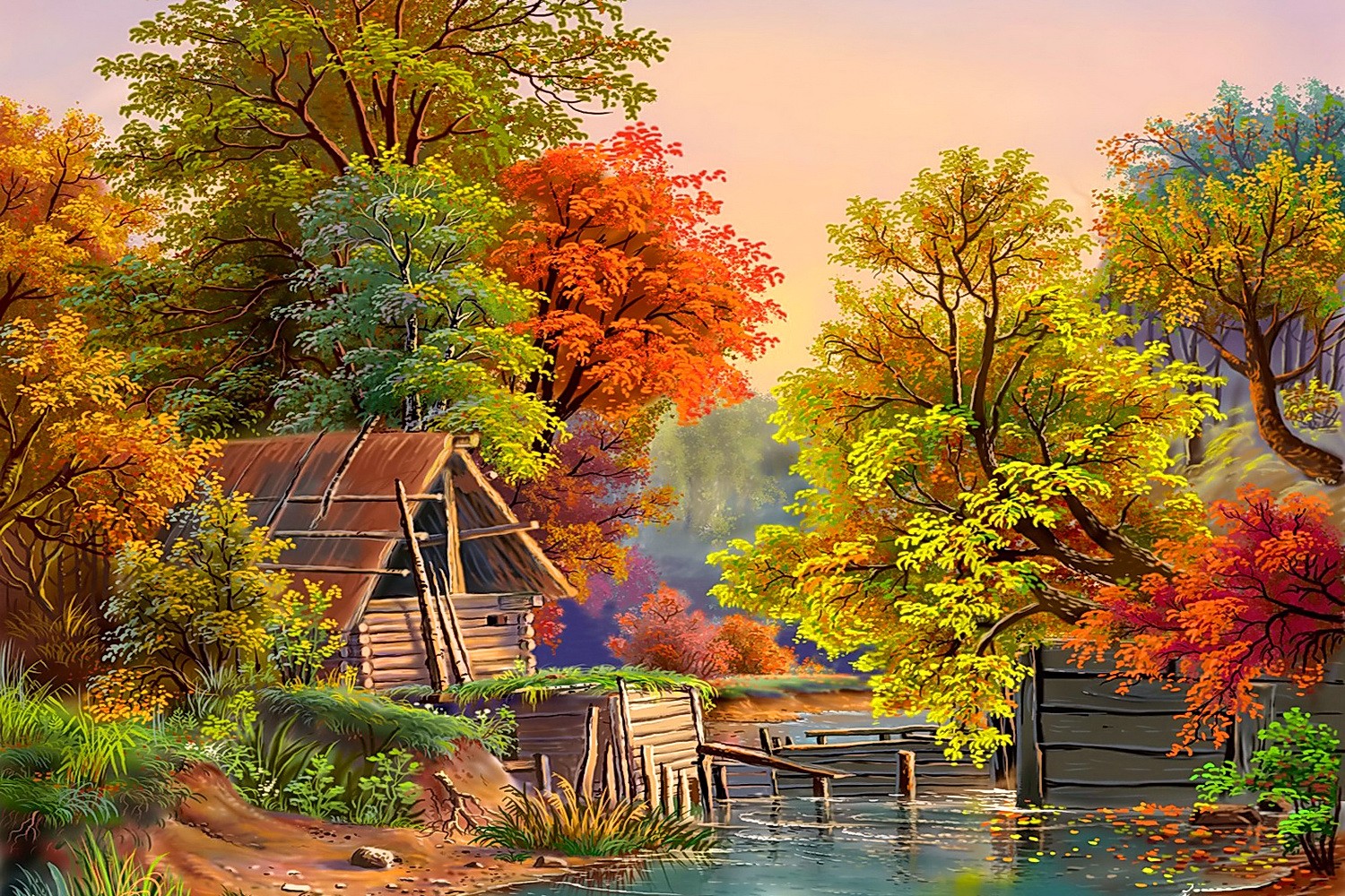 Artistic Painting Fall Foliage Shack Pond 1500x1000