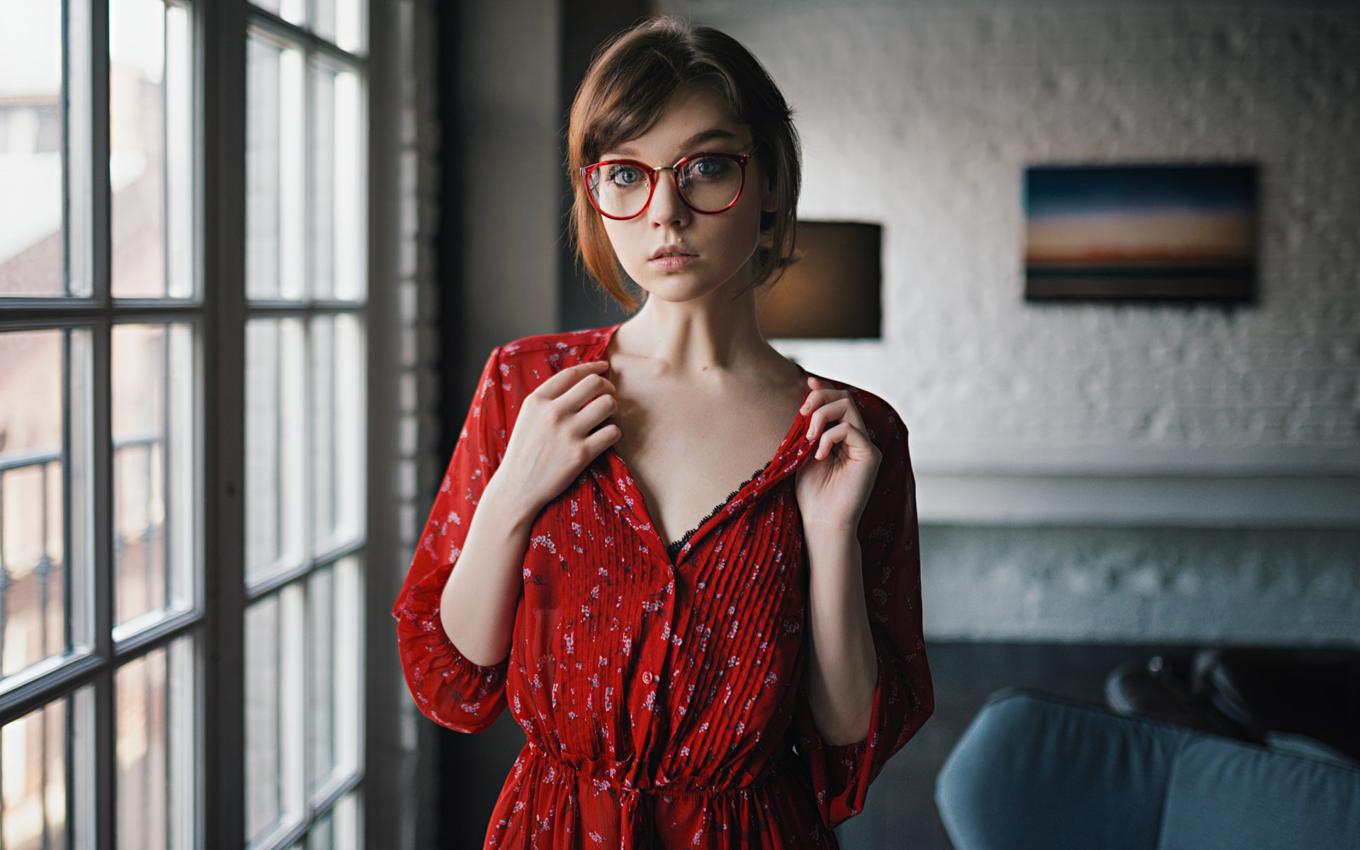 Olya Pushkina Sergey Zhirnov Women Model Women With Glasses Dress Red Dress Looking At Viewer Women  1920x1200