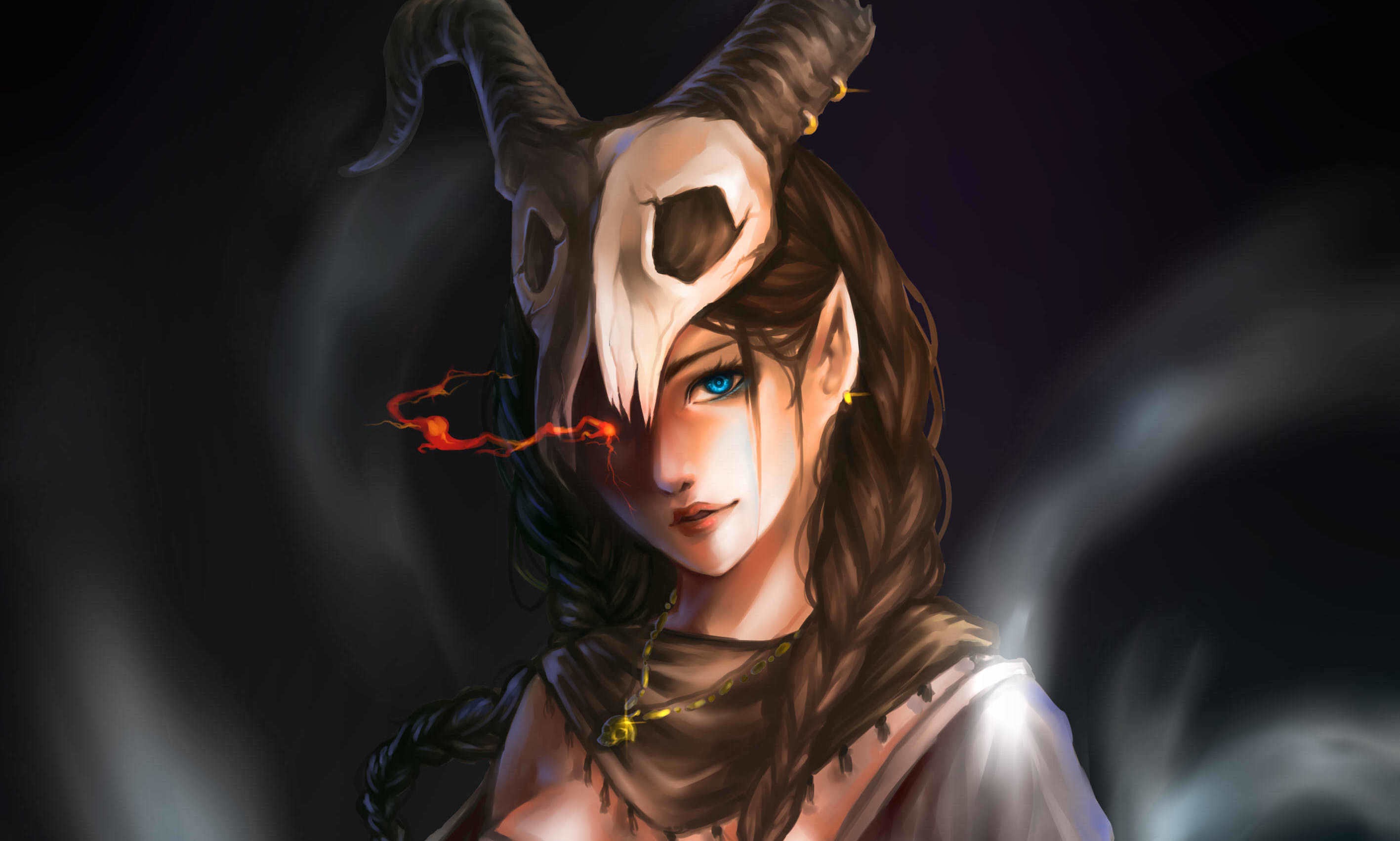 Elves Women Pointed Ears Skull Horns Blue Eyes Magic Pendant Artwork Fantasy Art Fantasy Girl 2834x1702