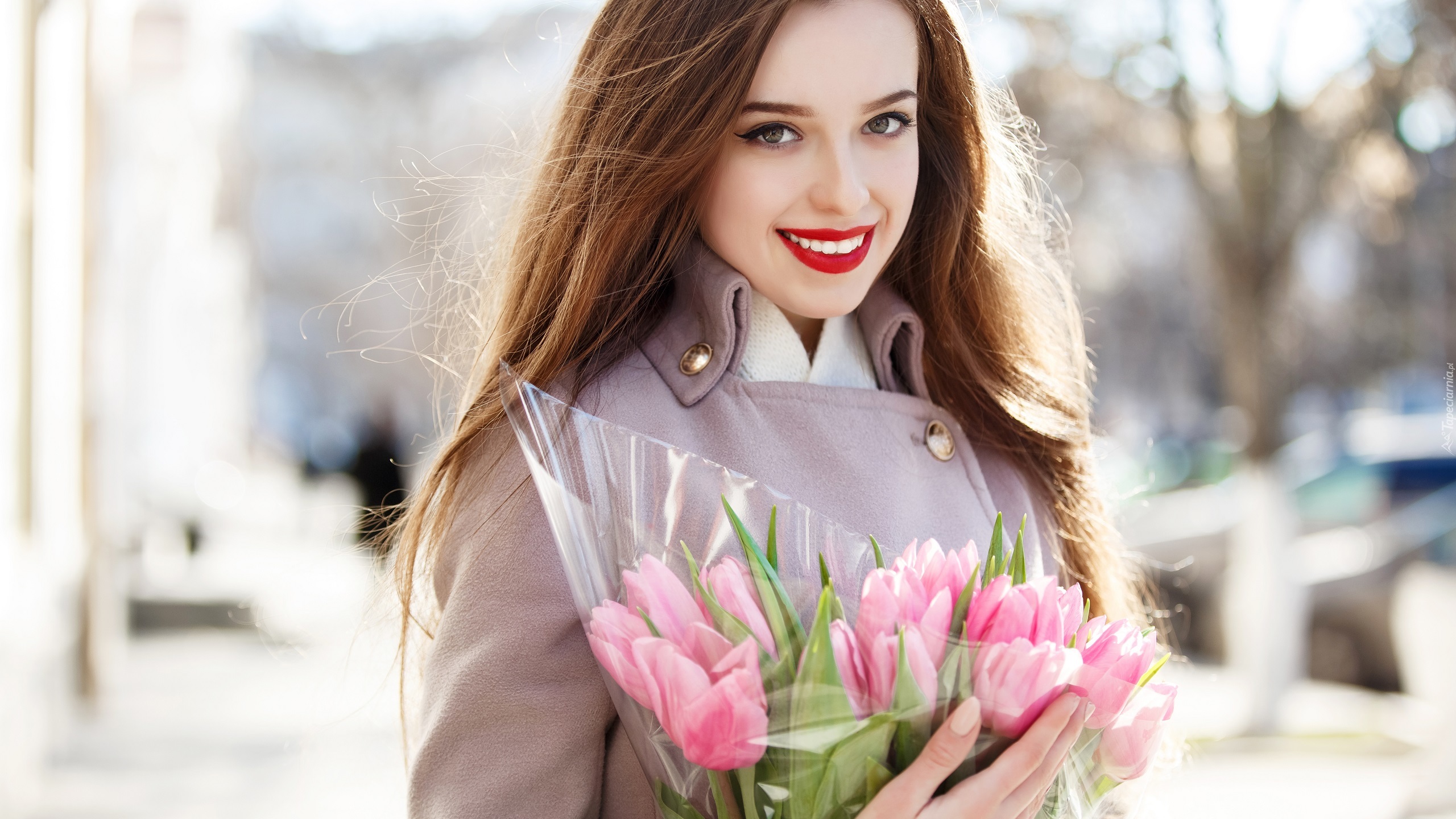 Coats Model Women Outdoors Brunette Smiling Grey Coat Long Hair Open Mouth Flowers Looking At Viewer 2560x1440