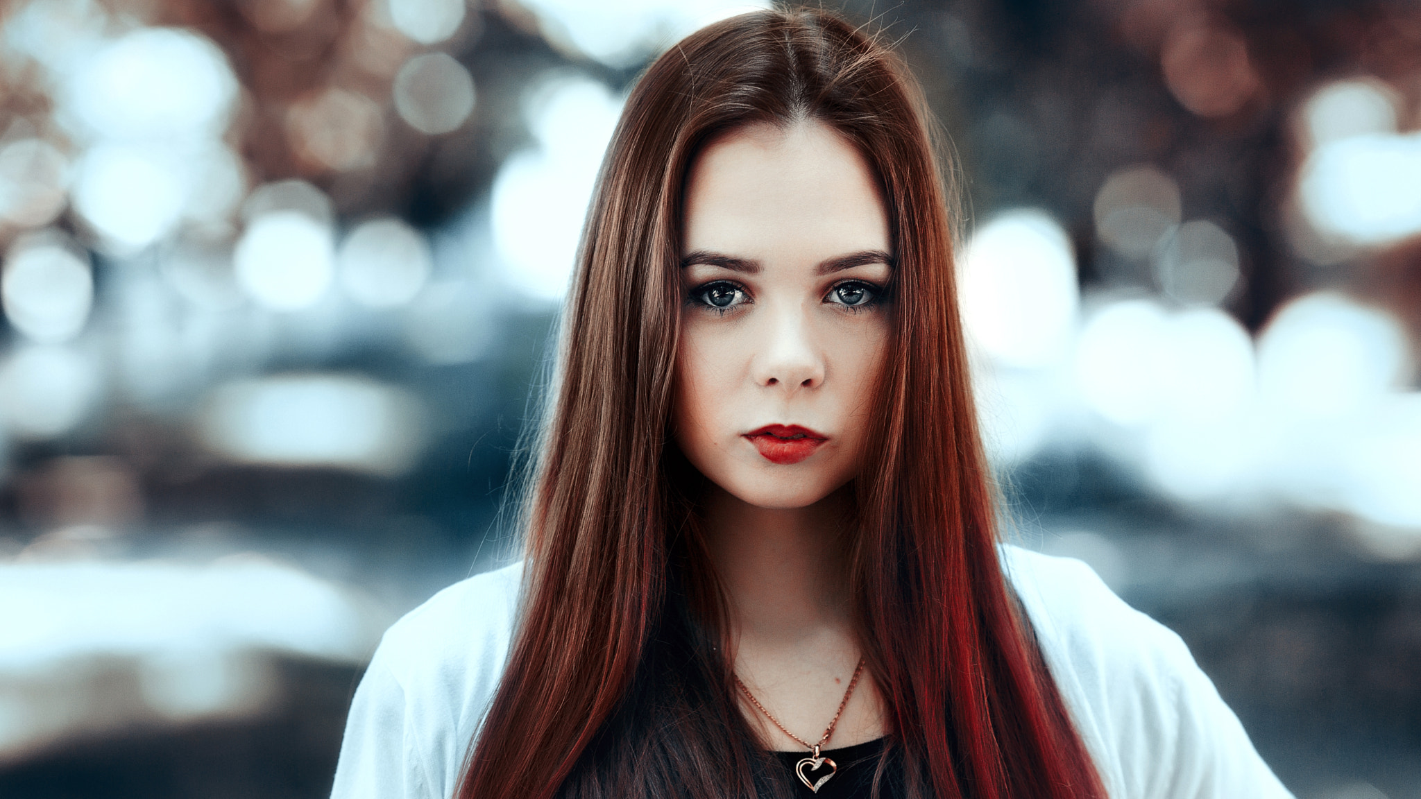 Andrey Metelkov Face Women Portrait 500px Straight Hair Long Hair Red Lipstick Necklace Depth Of Fie 2048x1152