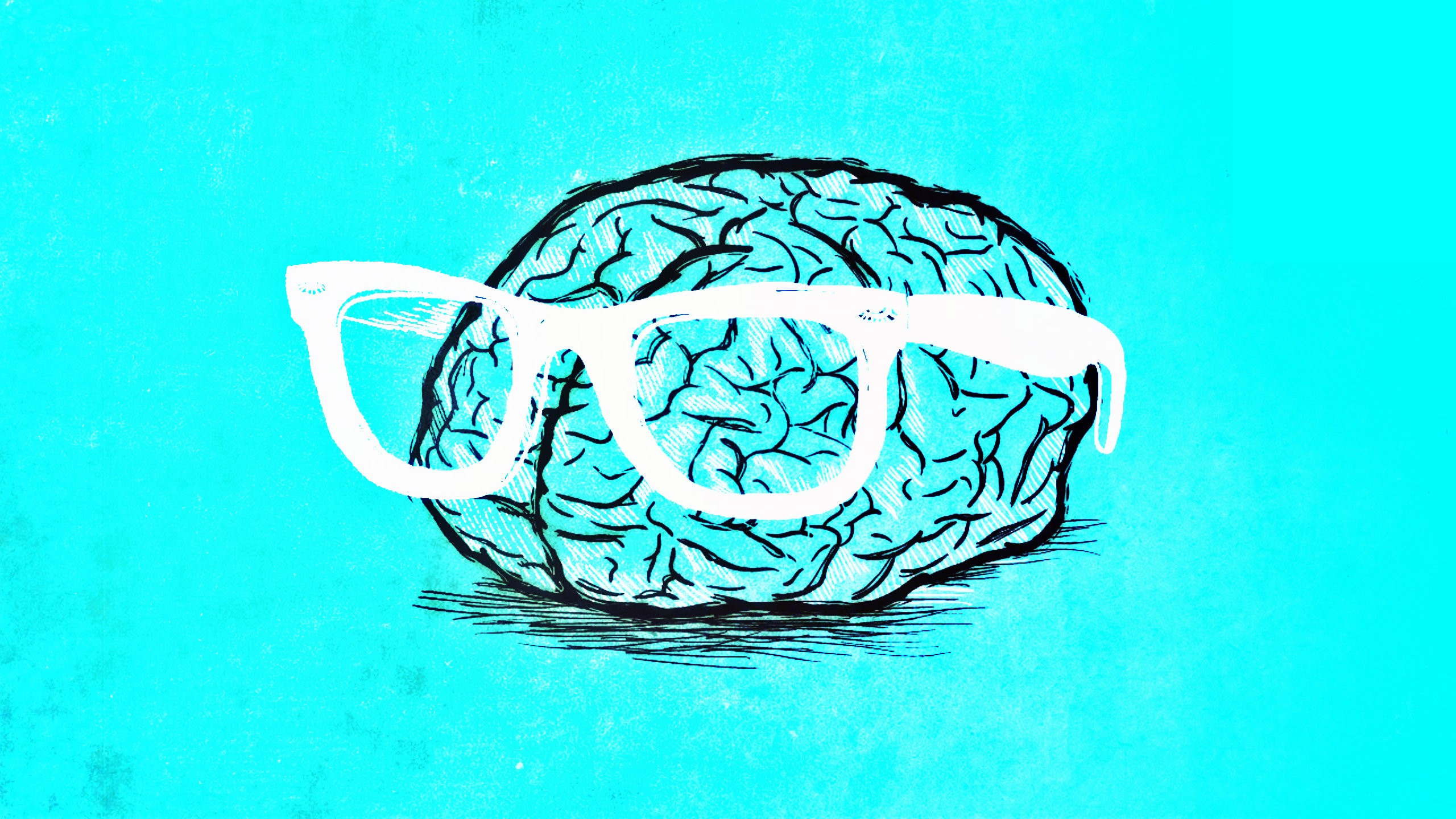 Glasses Brain Digital Art Cyan Cyan Background Drawing Bright 2560x1440