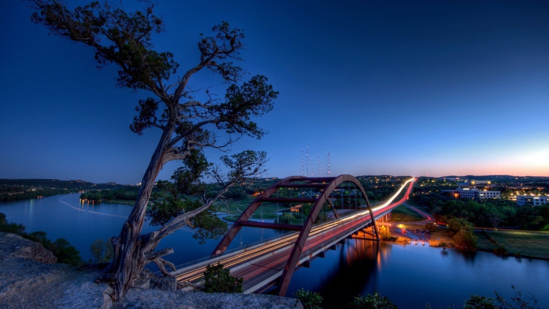 Bridge Pennybacker Bridge Sunset River Austin Texas Light Trails Long Exposure 1920x1080