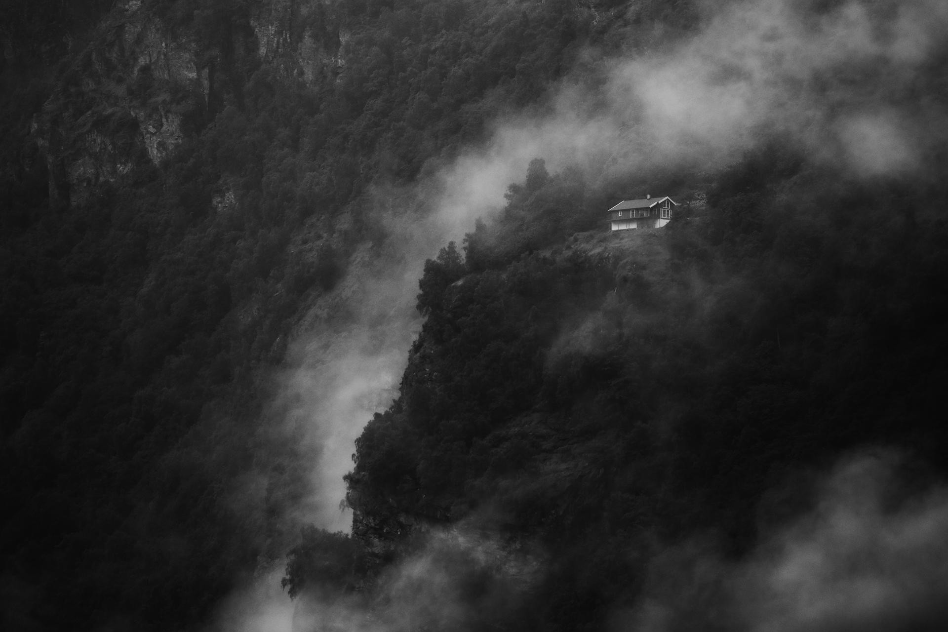 Nature Landscape House Mist Cliff Mountains Trees Geiranger Norway Monochrome Alone 1920x1280