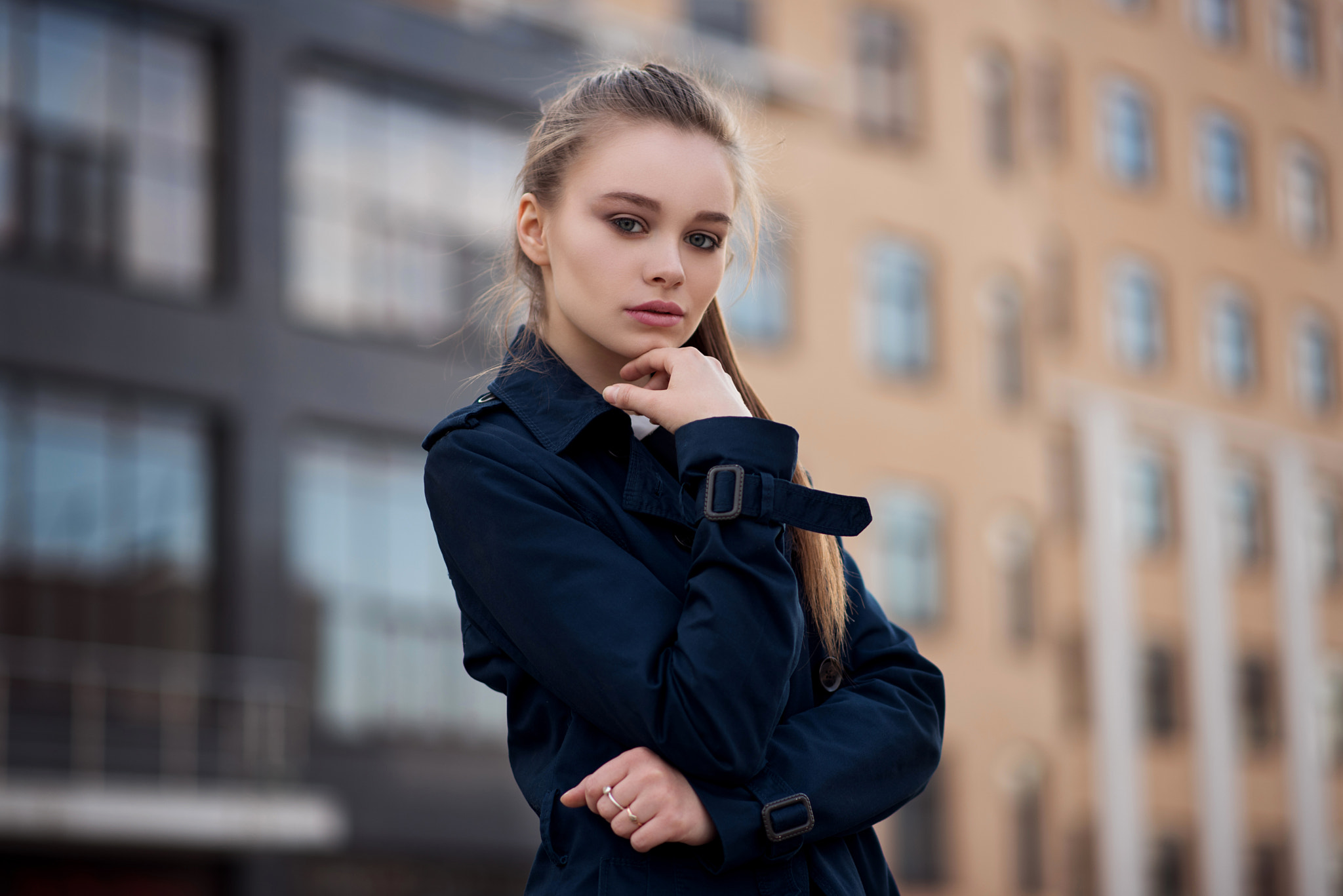 Women Blonde Blue Eyes Trench Coat Open Mouth Looking At Viewer Depth Of Field Blue Coat Ponytail Ri 2048x1367
