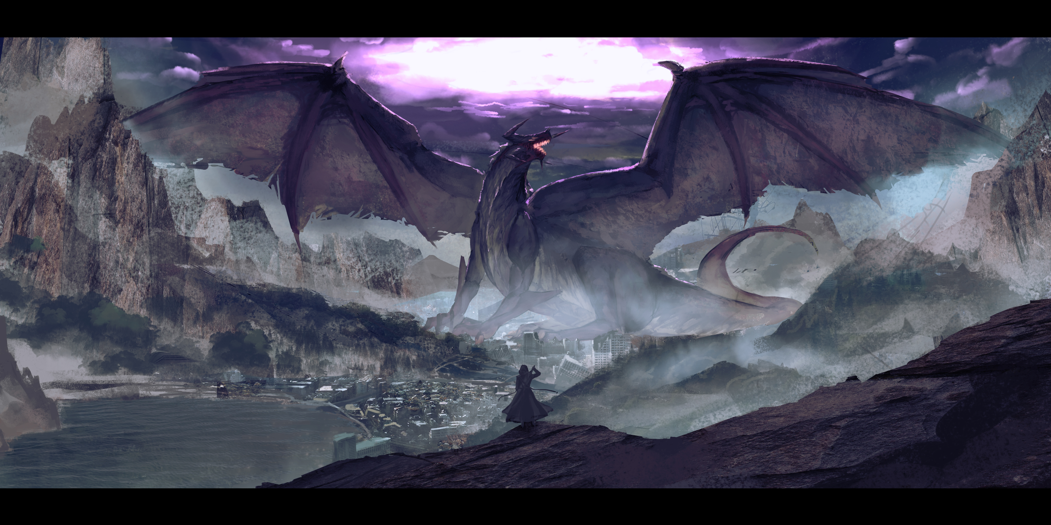Artwork Digital Art 2D Illustration Creature Dragon Wings Warrior Sword Apocalyptic Destruction Moun 4409x2205