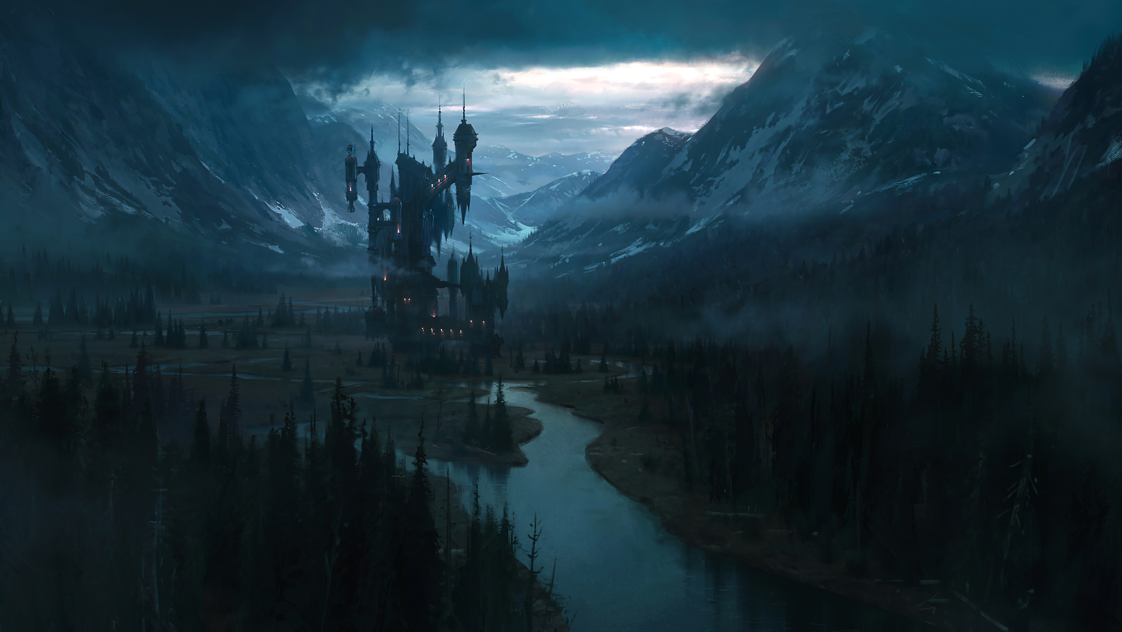 Castle Landscape Fantasy Art Mountains Nature Dark Artwork Castlevania Anime 3840x2162