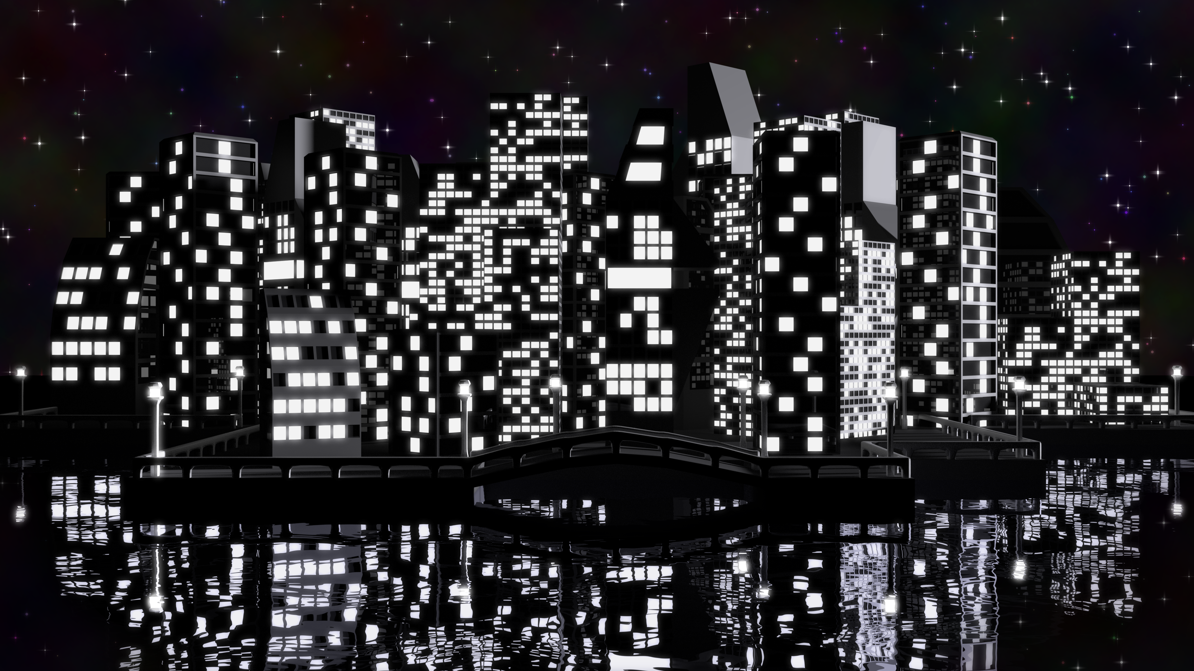 Digital Digital Art Artwork Night Night View City City Lights Skyscraper Urban Water Architecture Bu 3840x2160