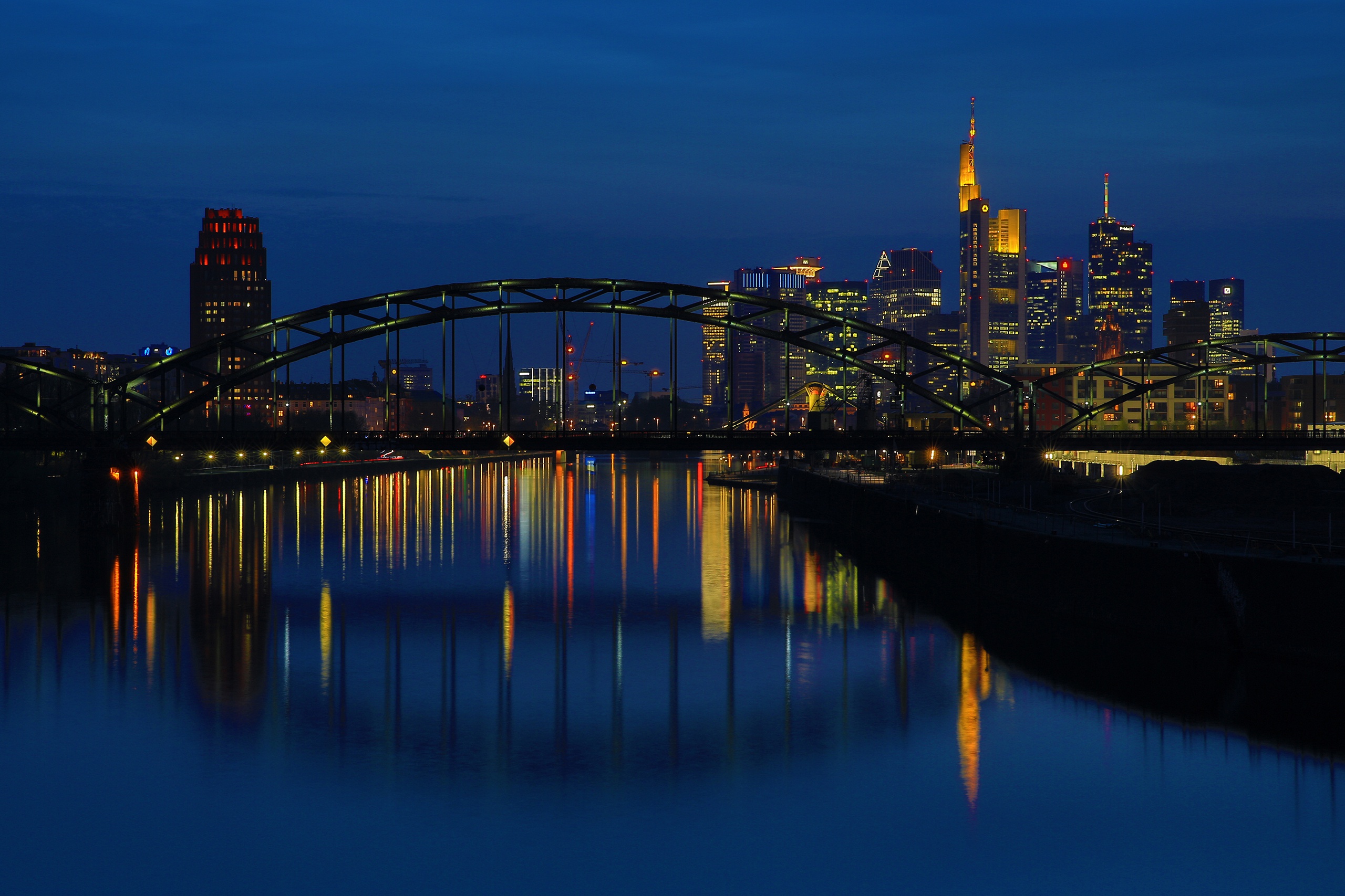 Frankfurt Germany Night City River Reflection Bridge Skyscraper Building 2560x1707
