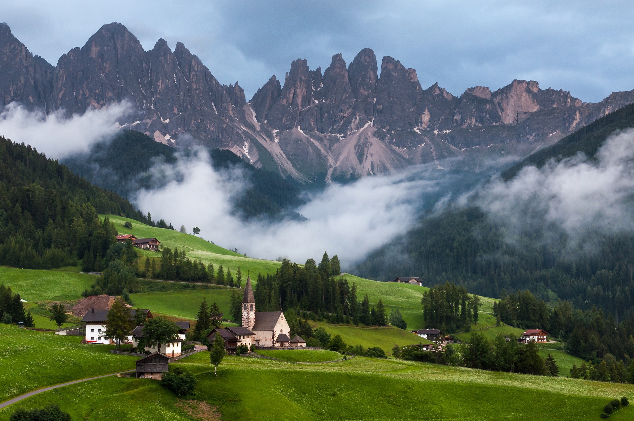 Nature Landscape Mountains Clouds Trees Italy Dolomites Mountains Mist Forest Church Hills House Fie 2048x1360