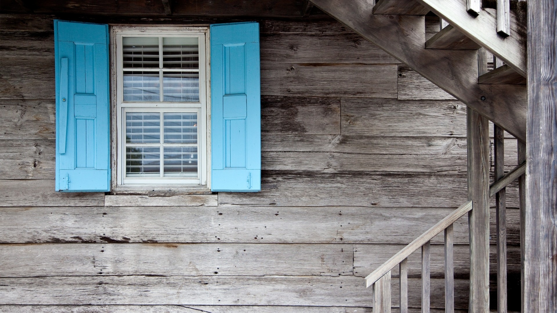 Wood Wooden Surface Planks House Window Stairs Glass Selective Coloring Texture Cyan Gray 1920x1080