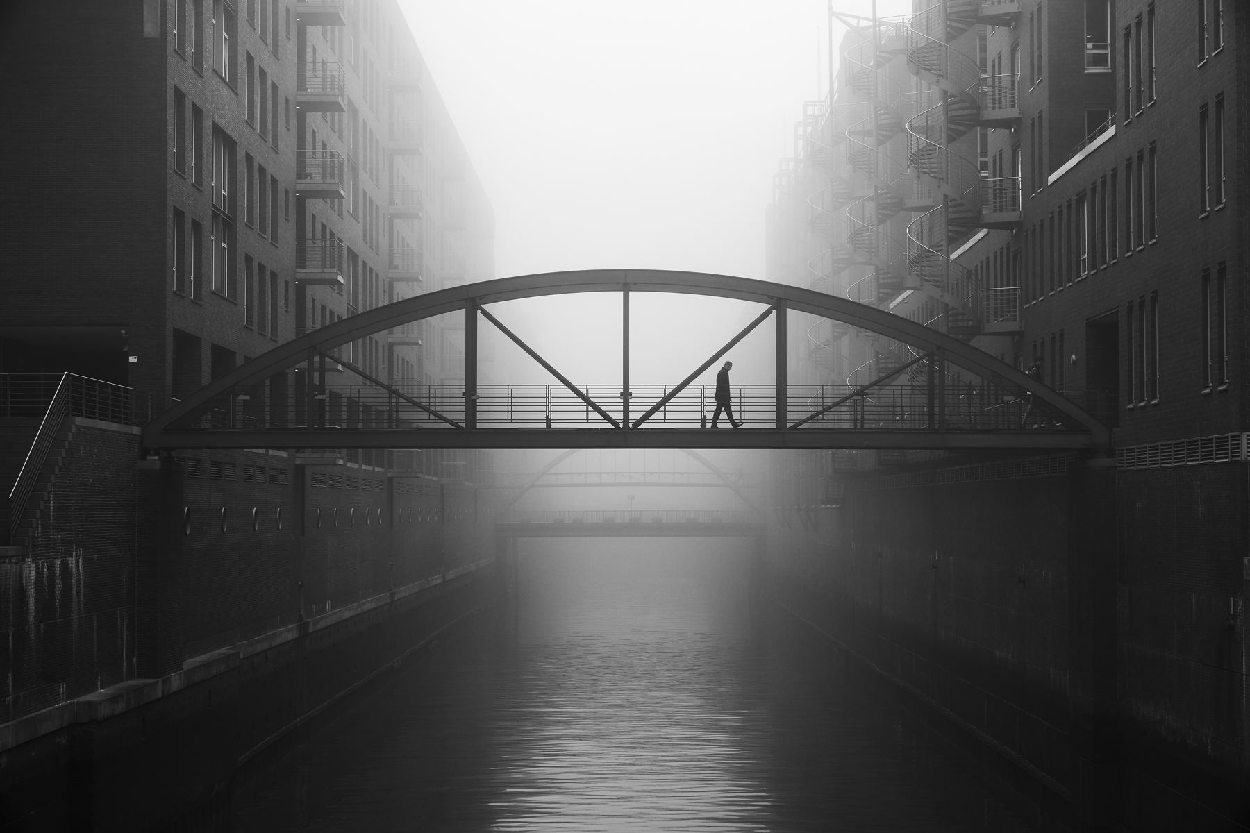 Architecture Hamburg Alexander Schonberg City Germany Men Mist Walking Bridge Stairs River Water Bui 1800x1200
