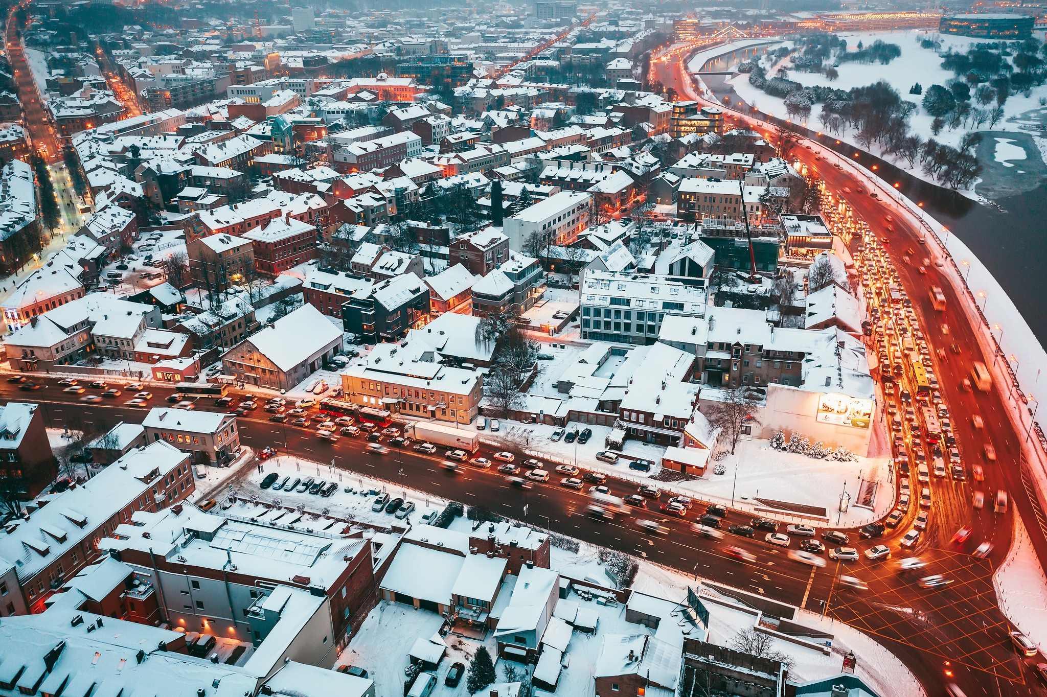 Kaunas Lithuania Long Exposure Traffic Cityscape Lights Winter Snow Street 2048x1364