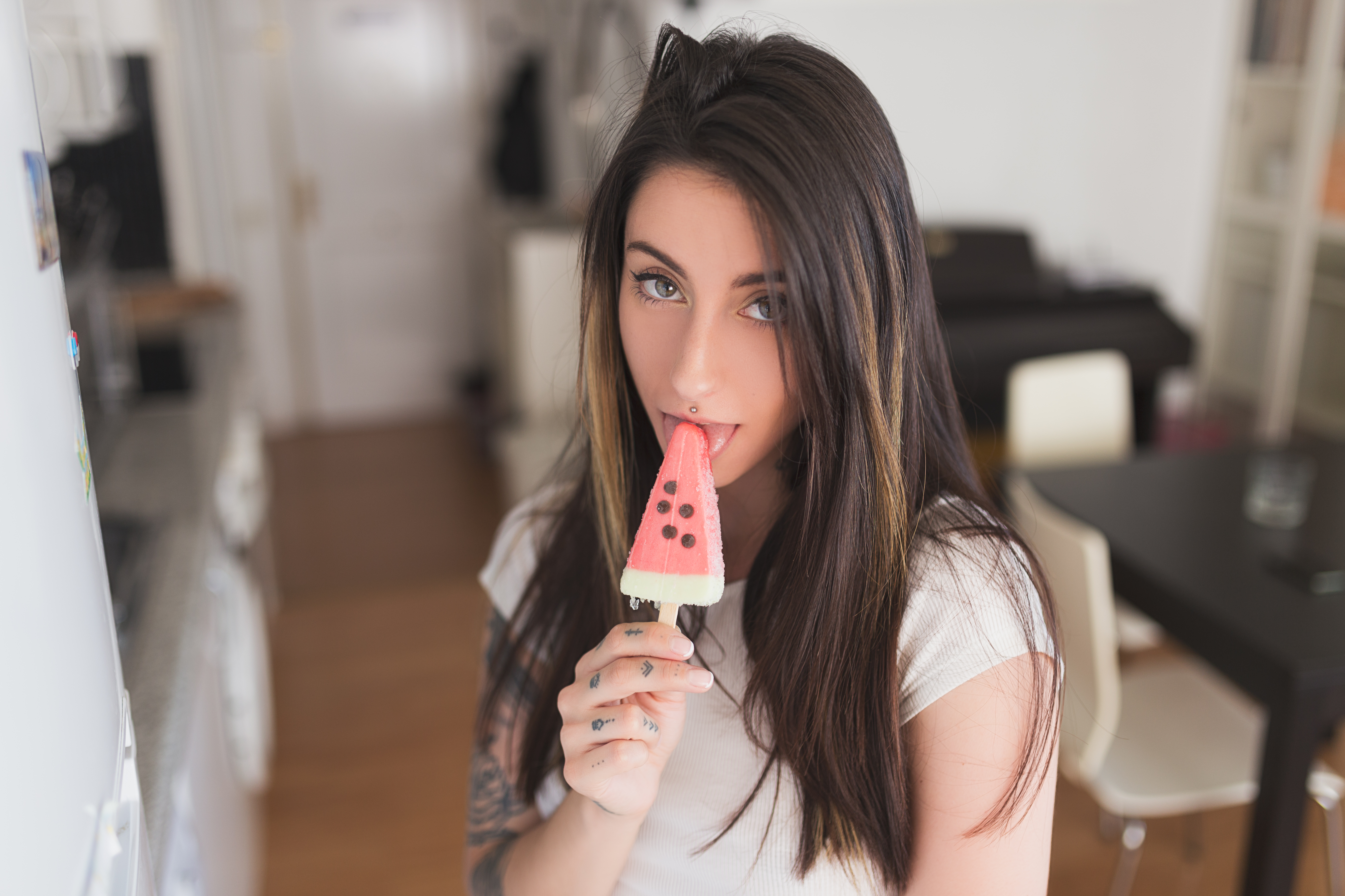 Women Brunette Tattoo Popsicle Lick 5472x3648