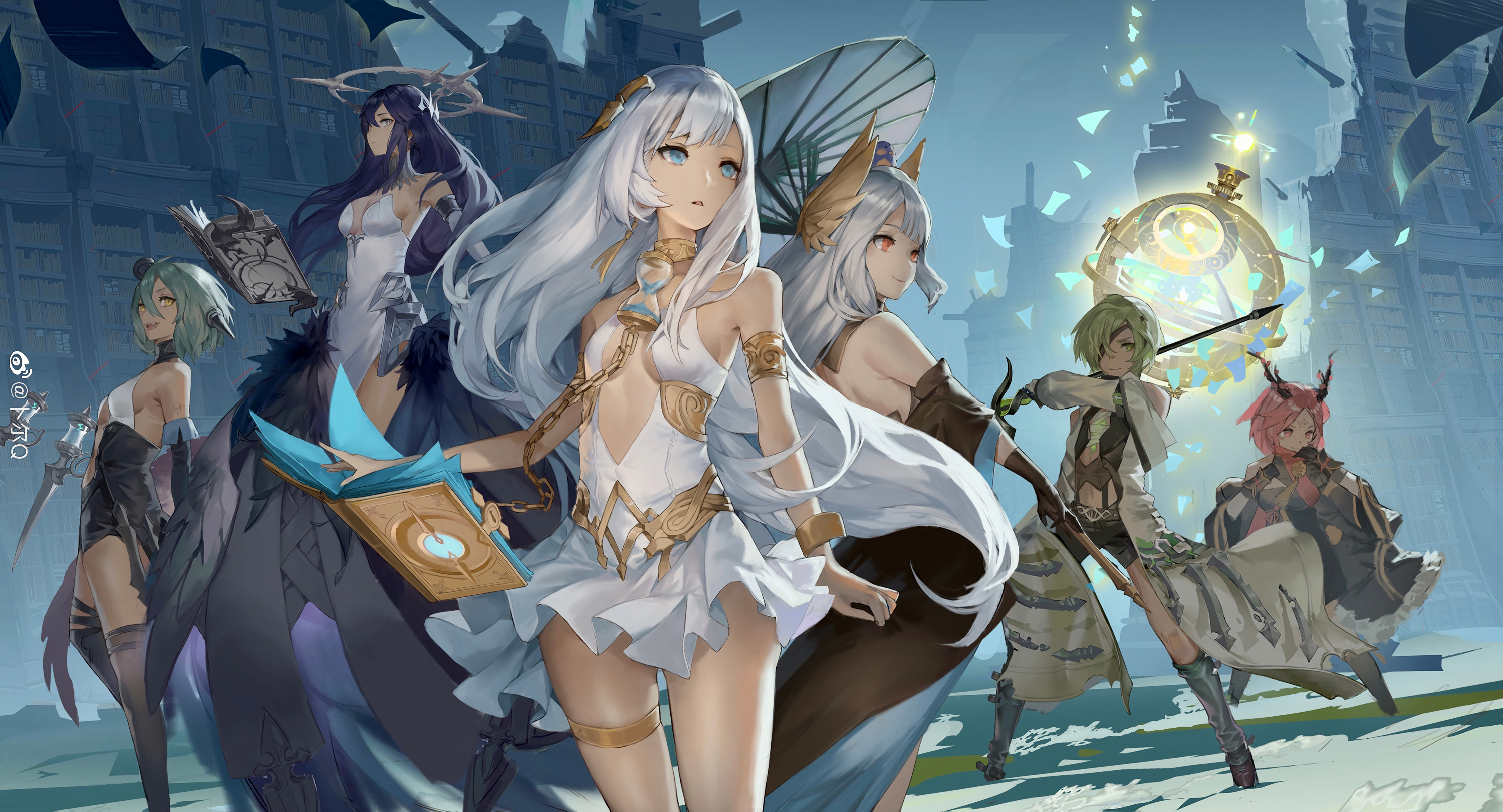 Masterwork Apocalypse Aqua Eyes Blonde Gray Hair Long Hair Short Hair Umbrella White Hair Dress Pink 3000x1622