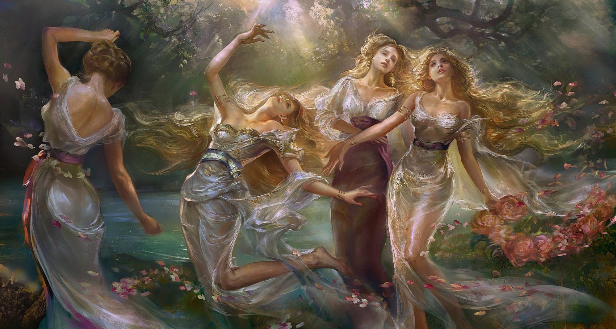 Fantasy Art Artwork Painting Blonde Long Hair Flowers Windy Sunlight Sisters 1995x1066