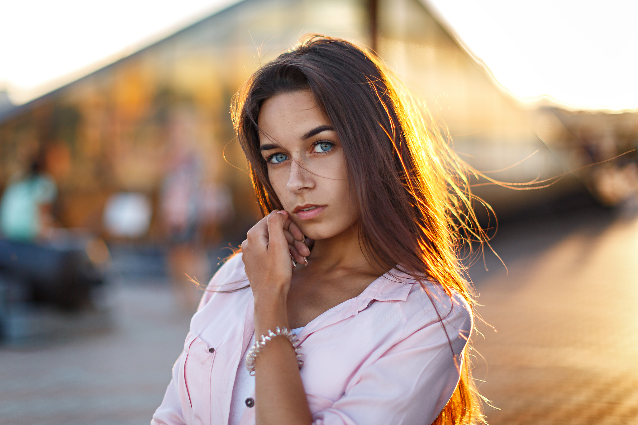 Women Face Portrait Depth Of Field Women Outdoors Blue Eyes Pink Shirt 2048x1365