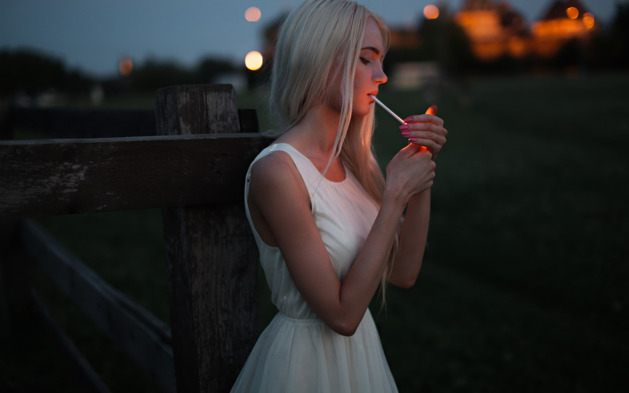 Women Blonde White Dress Smoking Pink Nails Side View Andrey Frolov Profile 2048x1280