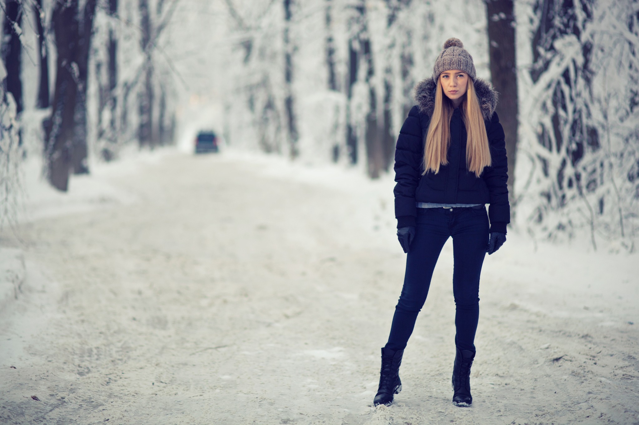 Women Blonde Jacket Winter Standing Outdoors Long Hair Straight Hair Knit Hat Looking Away Road Snow 2048x1365