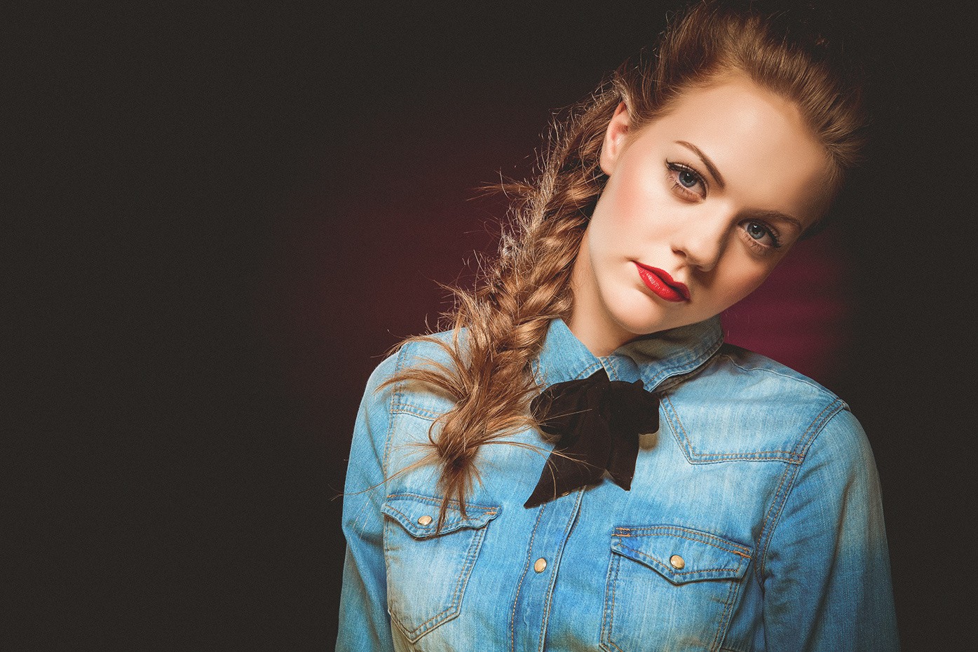 Women Blonde Face Portrait Brunette Braids Jean Shirt Red Lipstick Long Hair 1395x930