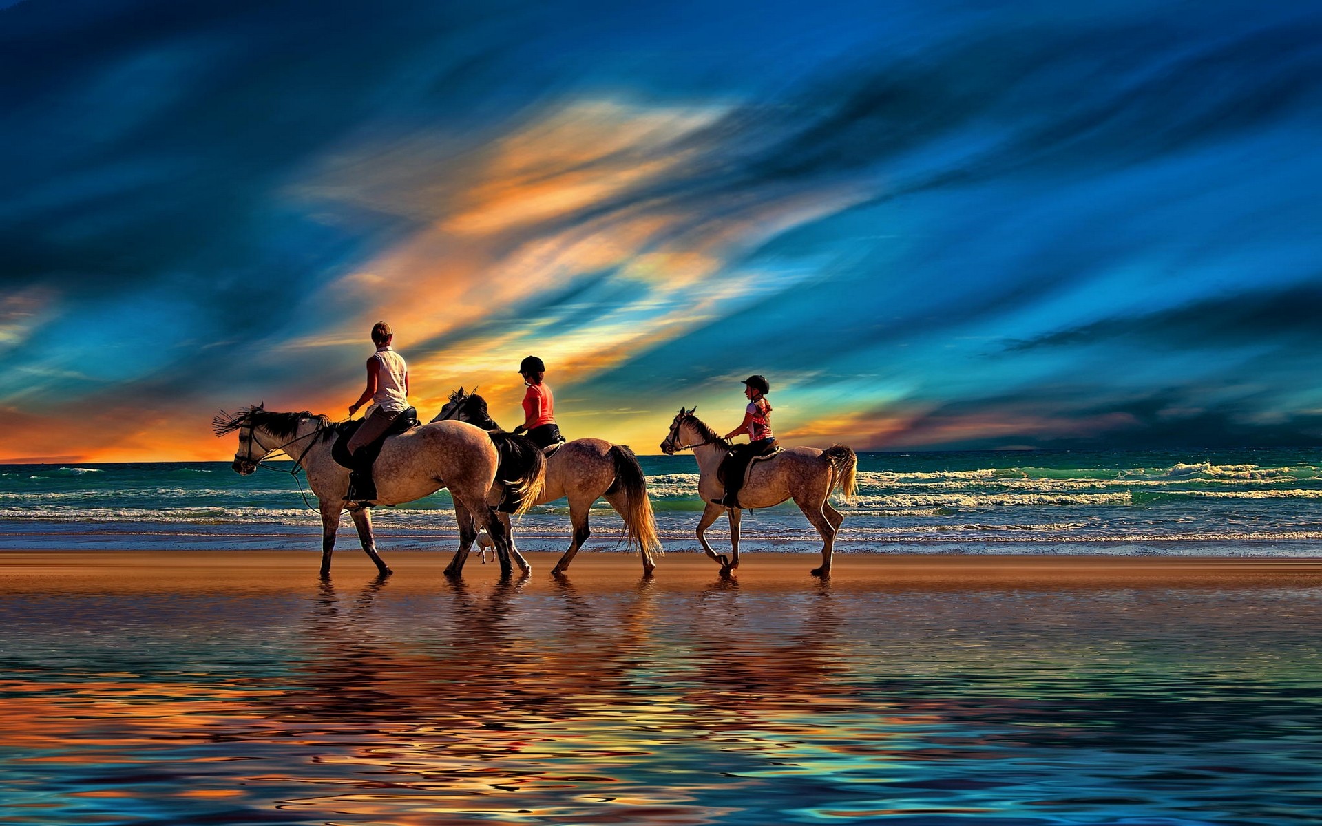 Nature Landscape Beach Sunset Sea Clouds Family Horse Sand Water 1920x1200