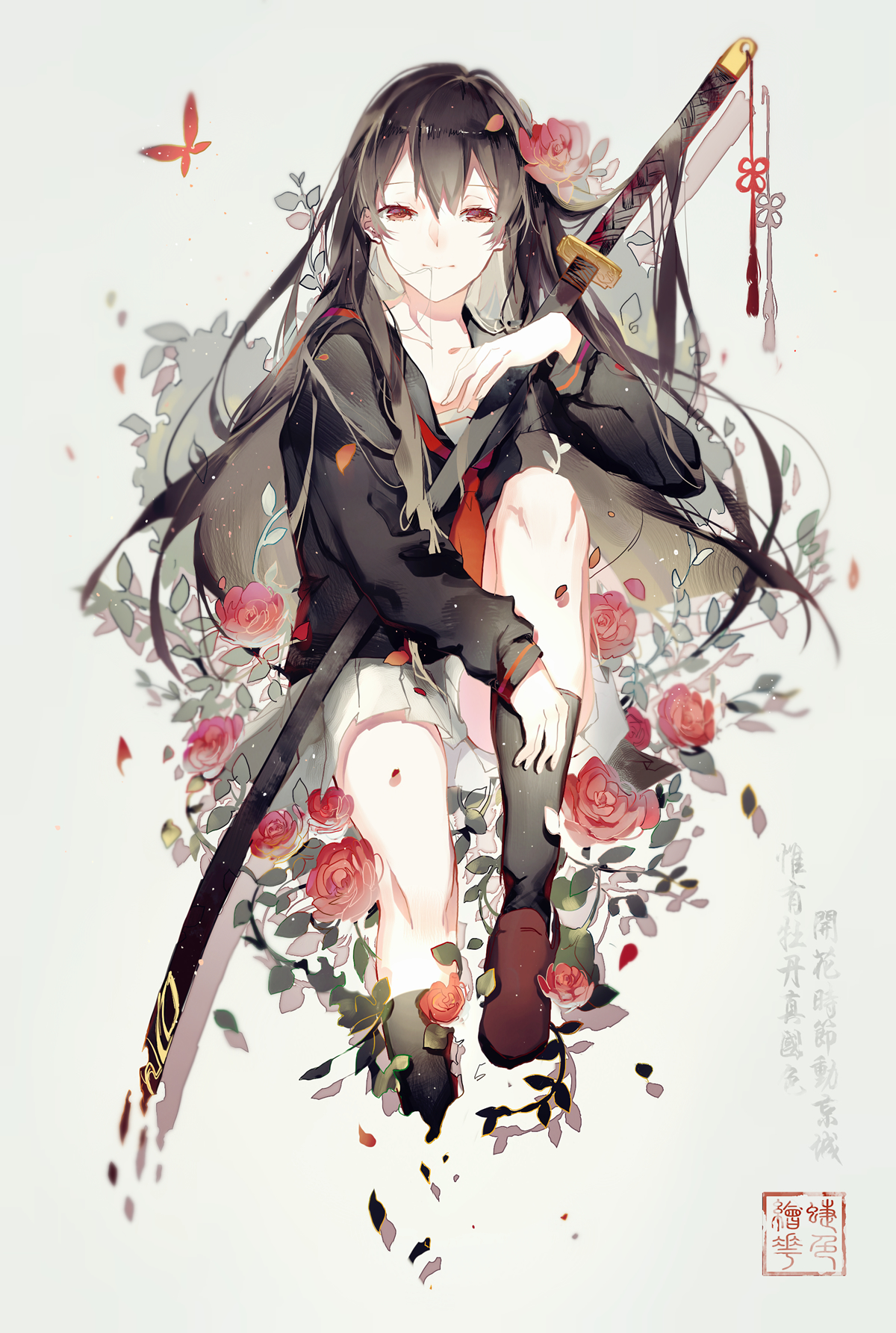 Anime Girls Anime Black Hair Red Eyes Flowers Rose Akame Ga Kill Akame 1200x1785