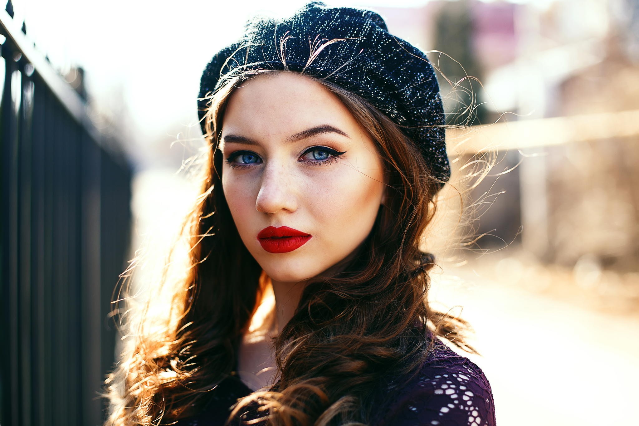 Women Face Portrait Red Lipstick Redhead Hat Millinery Blue Eyes Makeup 2048x1365