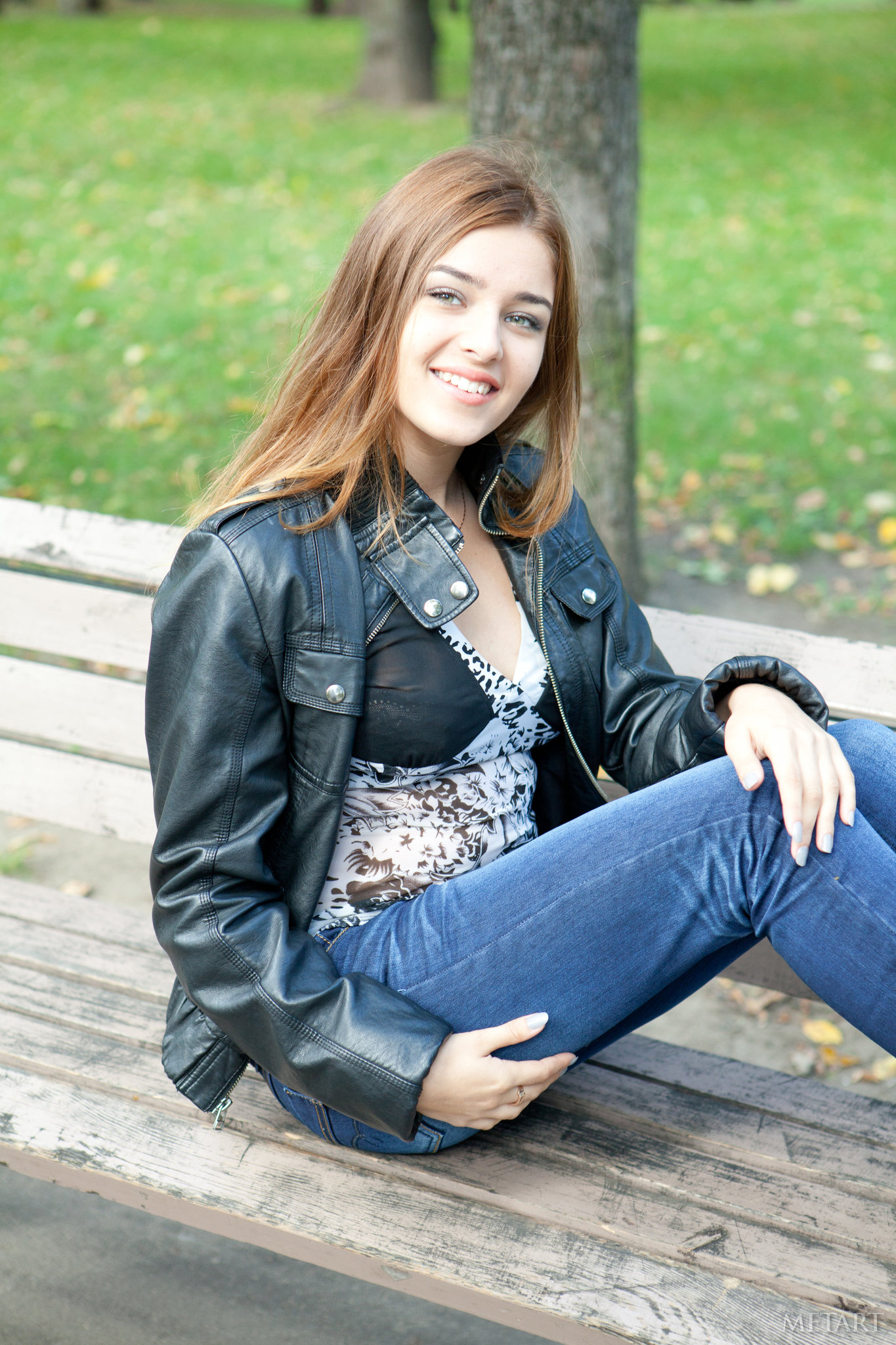 Model Women Outdoors Looking At Viewer Leather Jackets Bench Sitting Brunette Smiling Long Hair Blac 1365x2048